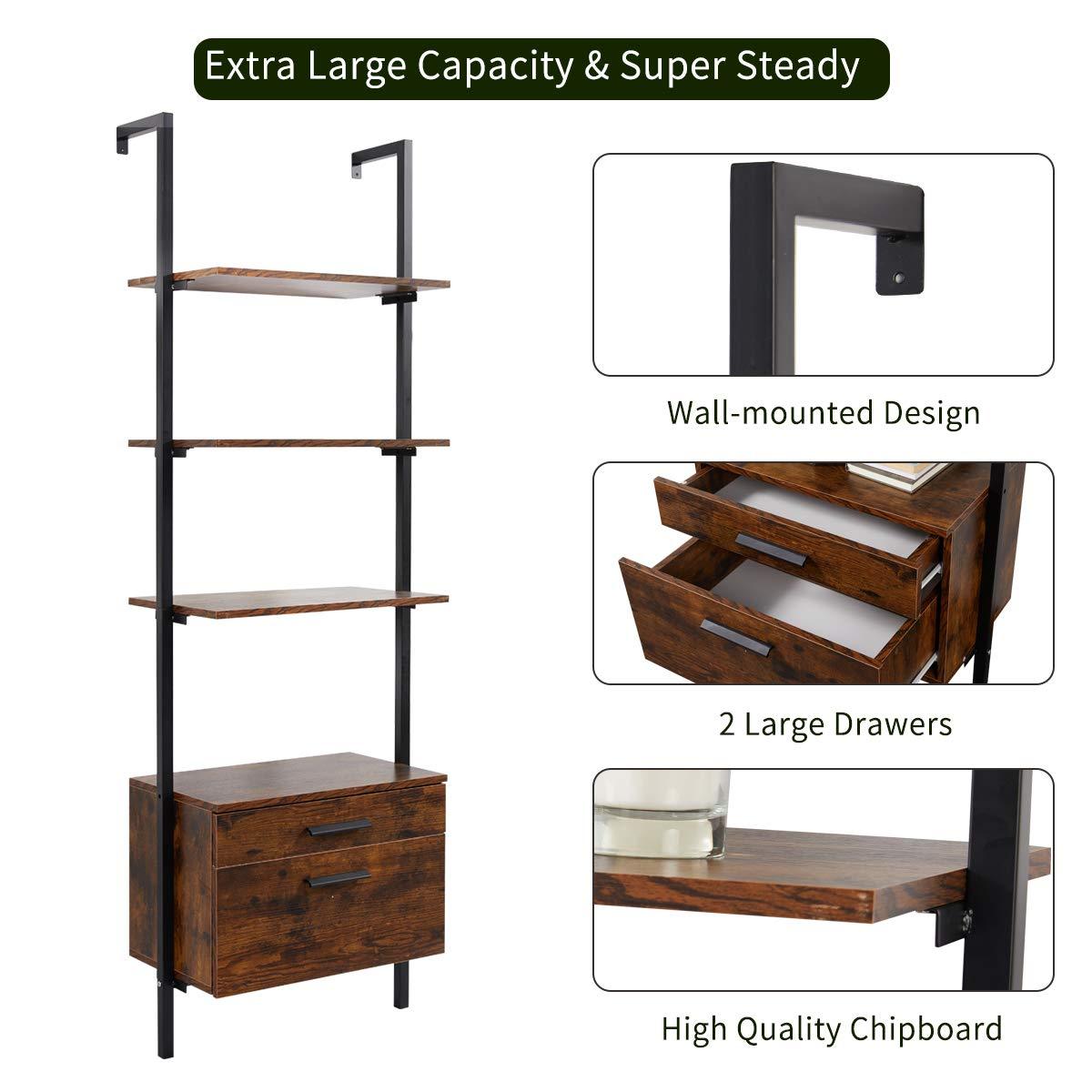 Homrest Wall Mouted Industrial 3-Tier Bookshelf with 2 Wood Drawers, Black