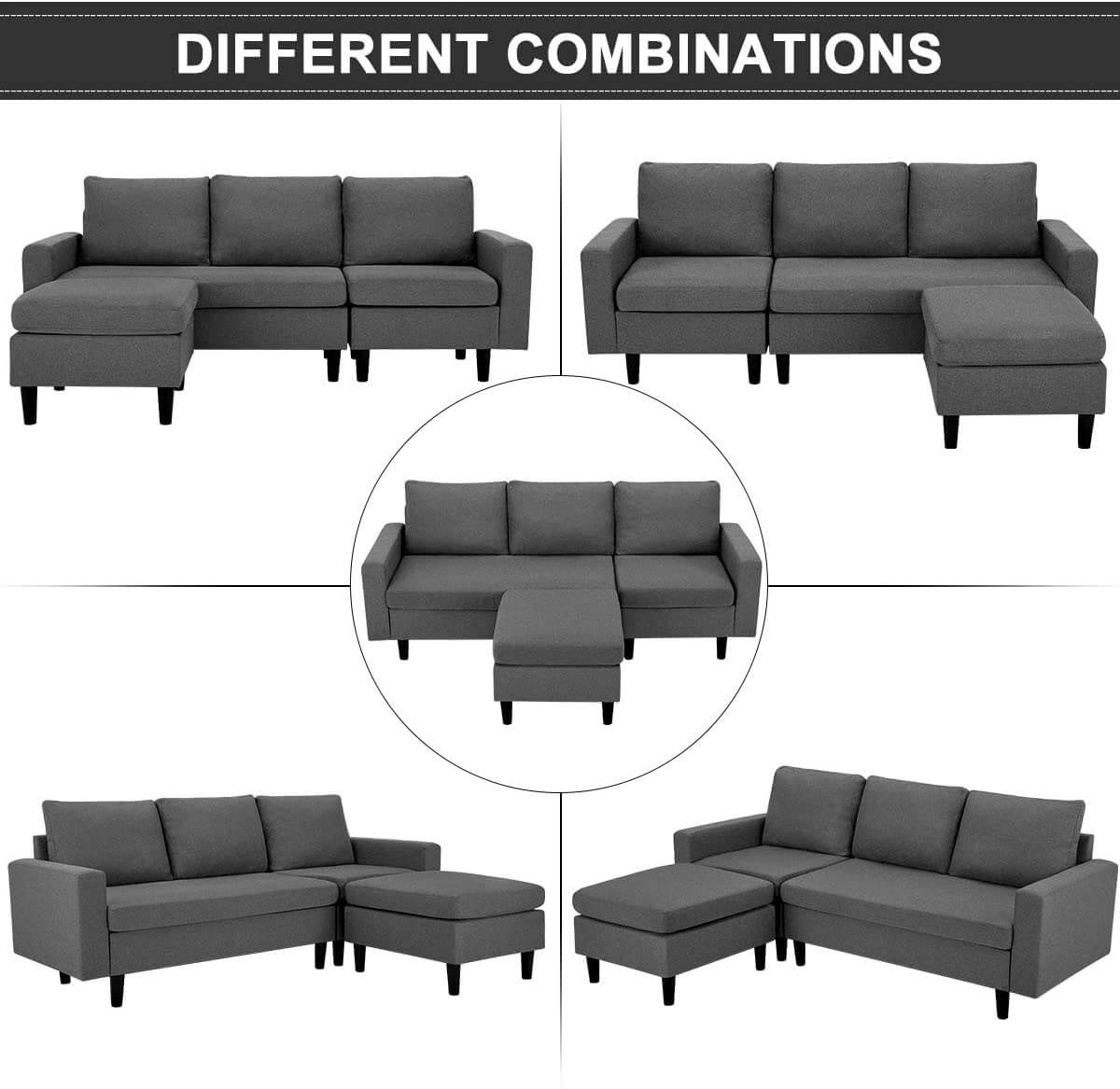 Homrest Enlarged Convertible Sectional Sofa Couch, 3-seat Sofa Couch with Ottoman, L-Shaped Sofa with Modern Linen Fabric, for Living Room or Apartment, Dark Gray