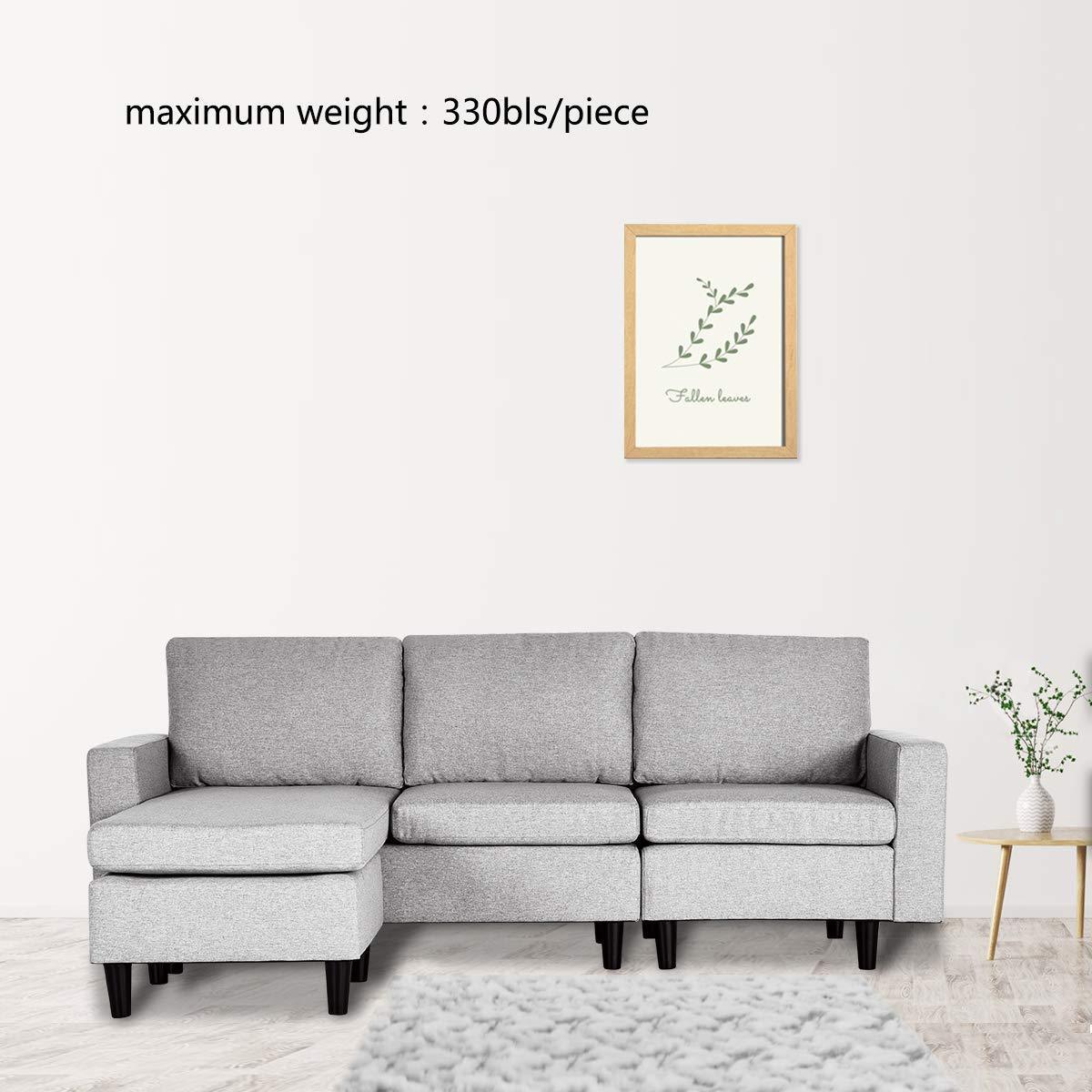 hOMREST Convertible Sectional L-Shaped Sofa Couch with Modern Linen Fabric Light Grey