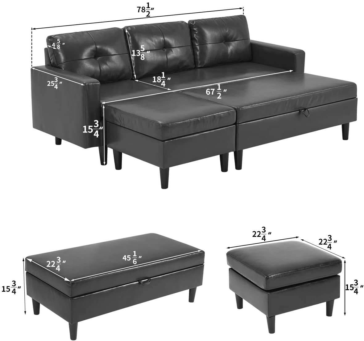 Small Faux Leather Sectional Sofa with Storage Ottoman and Chaise Lounge, 3-Seat Living Room Furniture Sets for Small Apartment, Dark Gray