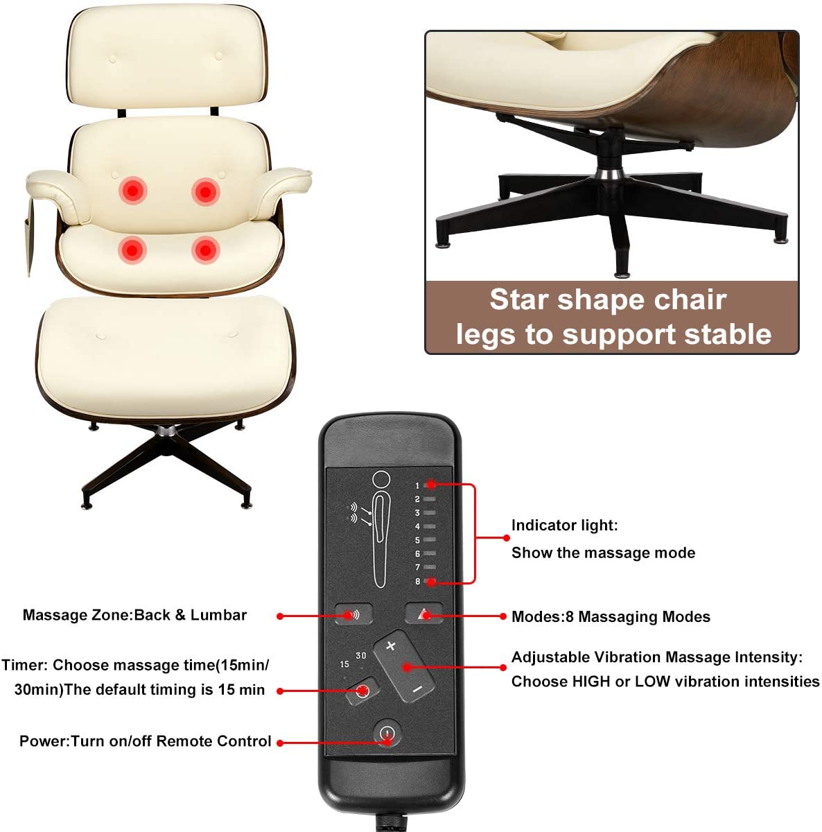 Lounge Chair with Ottoman, Mid Century Modern Lounge Chair, Faux Leather Lounge Chair with Light Vibration Massage Function and Storage Bag（White)