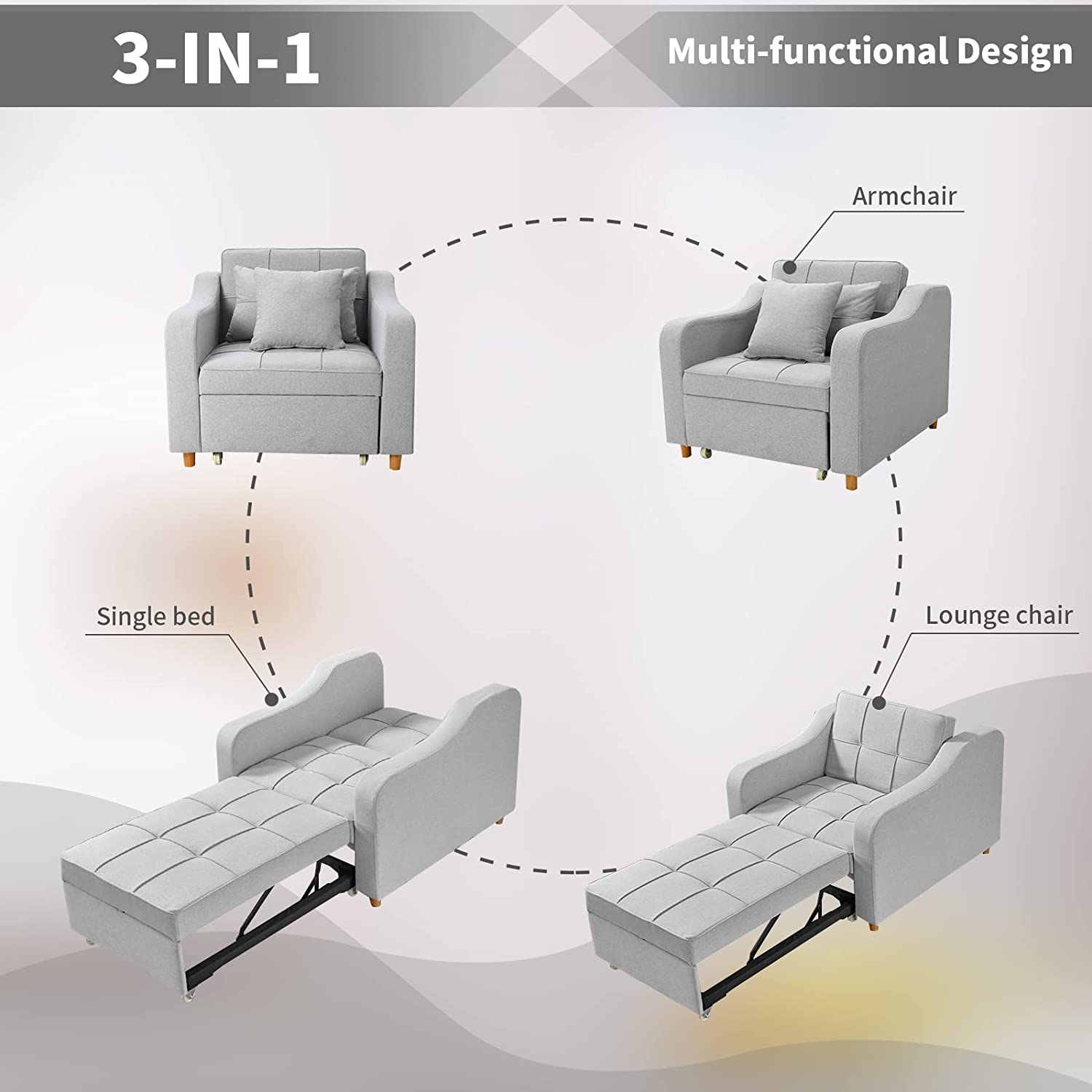 Homrest Upgrade Sofa Bed 3-in-1 Convertible Chair Multi-Functional Sofa Bed Adjustable Recliner for Living Room (Light Grey)