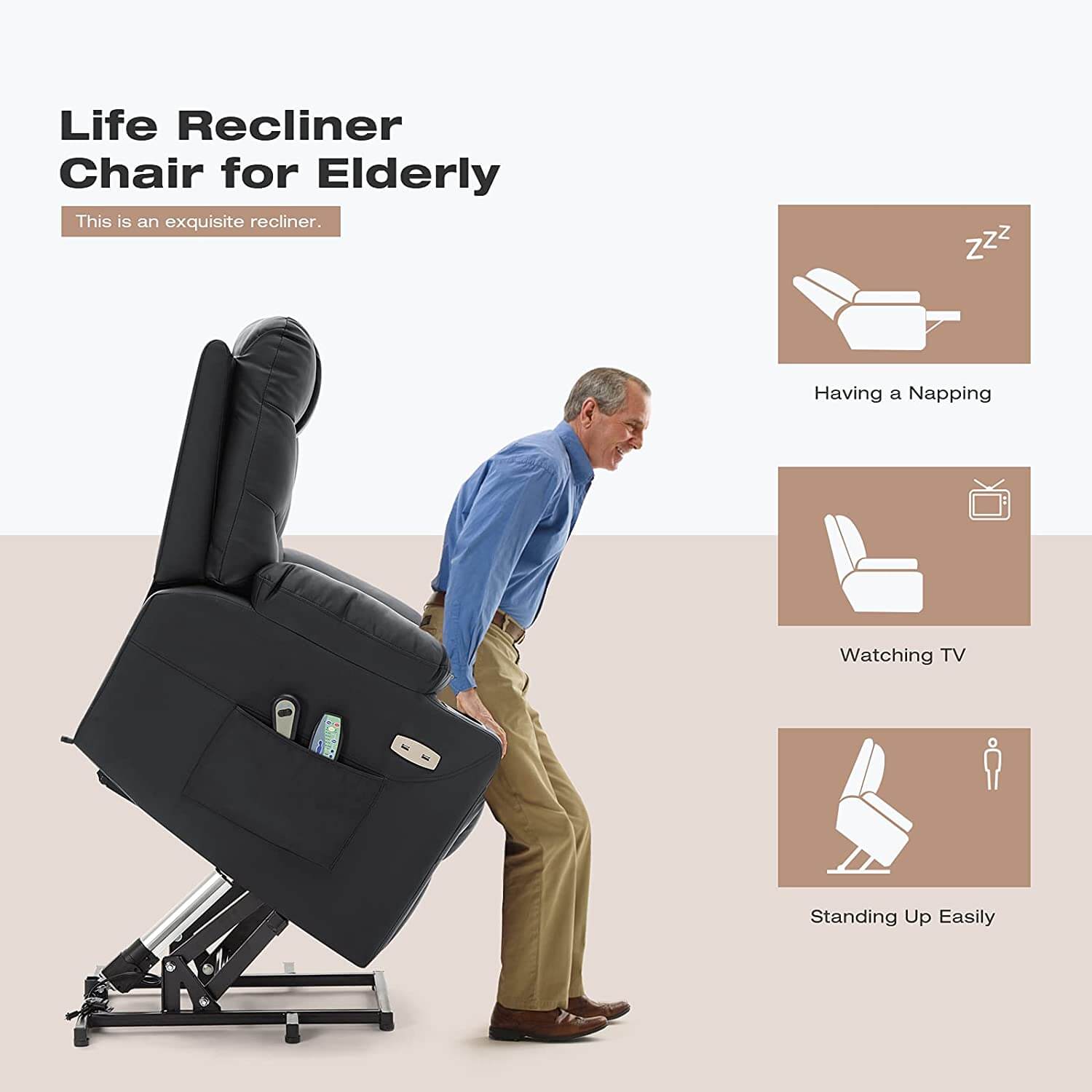 Homrest Electric Power Lift Chair Recliner Sofa for Elderly with Vibration Massage & Lumbar Heated, 2 Side Pockets & Cup Holders(Black)