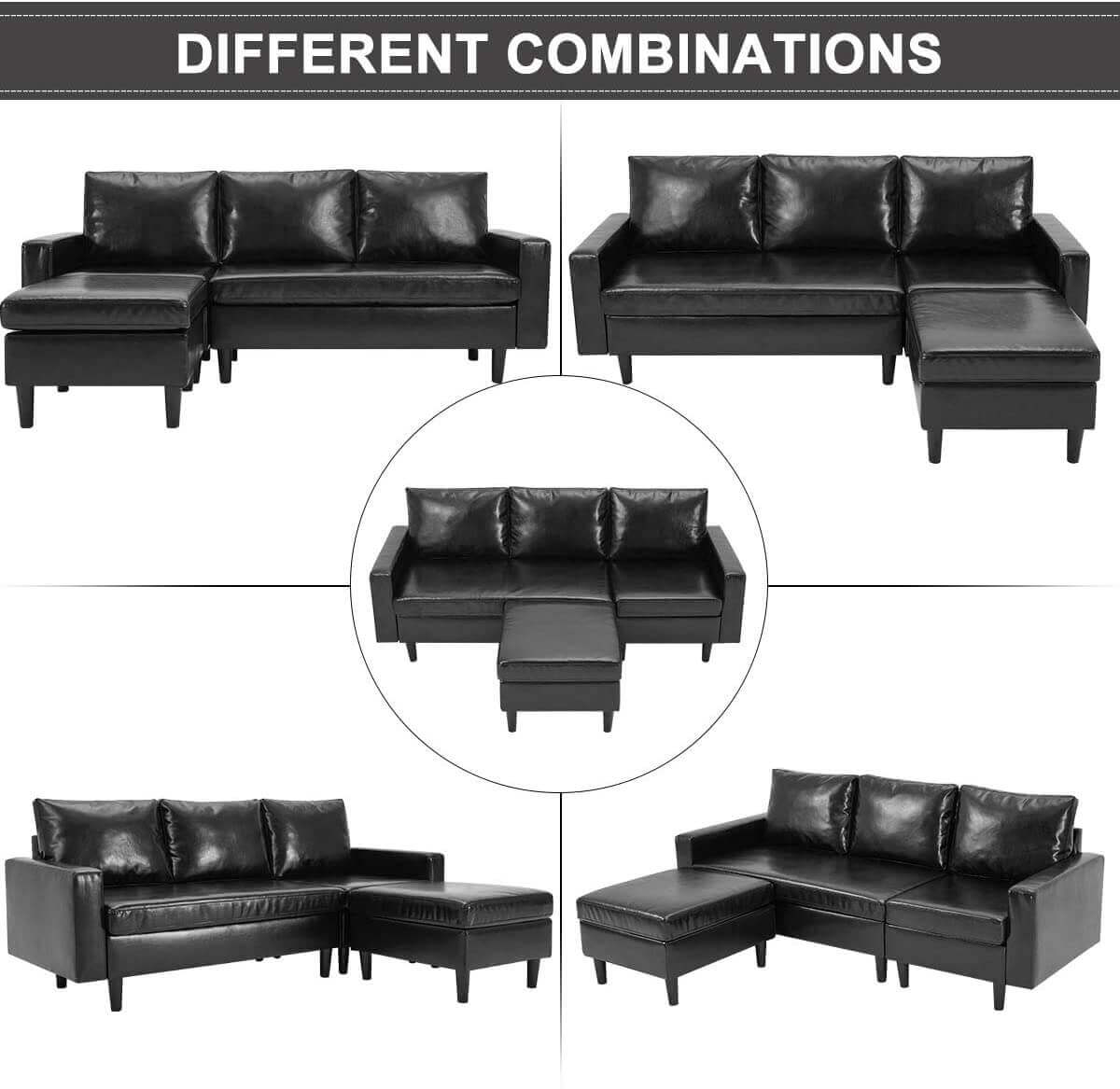 Homrest Enlarged Convertible Sectional Sofa Couch, 3-seat Sofa Couch with Ottoman, L-Shaped Sofa with Modern PU Leather Fabric for Living Room or Apartment, Black