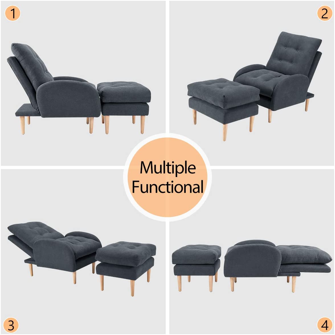 Sofa Chair with Ottoman Fabric Lounge Recliner Adjustable Backrest Grey Blue