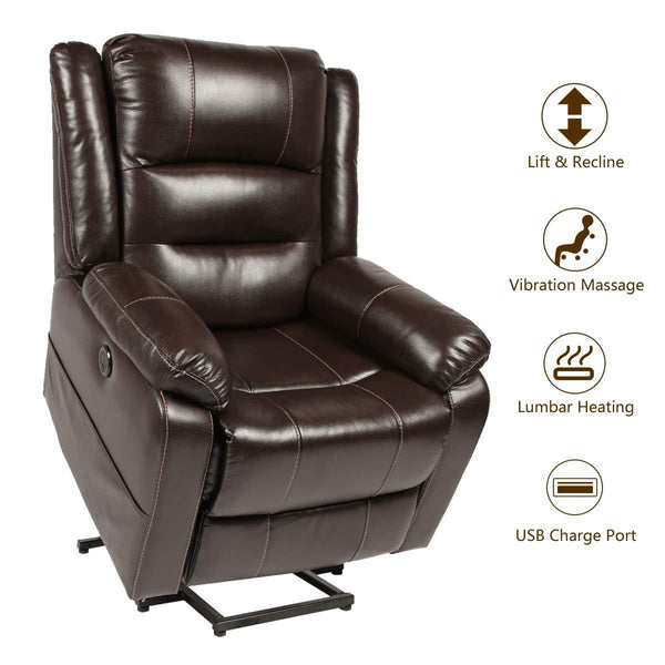 Power Lift Reclienr Faux Leather Electric Lift Recliner Chair for Elderly, Heated Vibration Massage Recliner with Side Pockets, USB Charge Port & Remote Control, Dark Brown