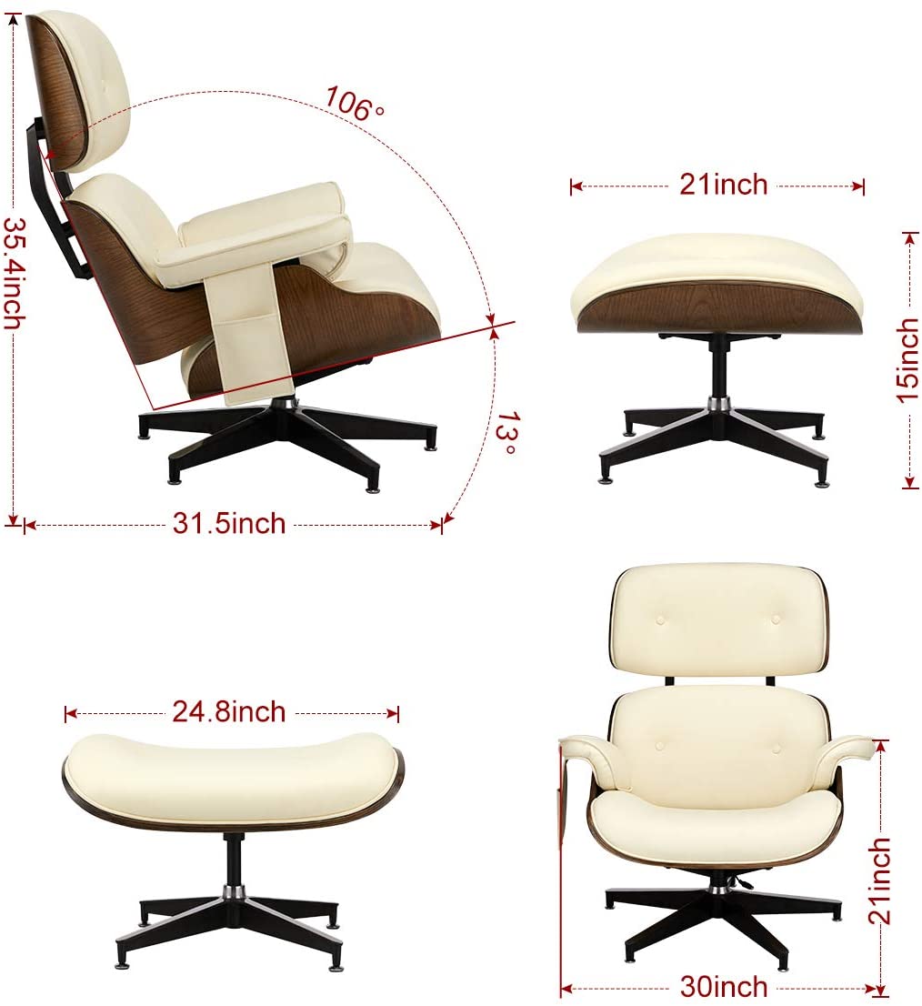 Lounge Chair with Ottoman, Mid Century Modern Lounge Chair, Faux Leather Lounge Chair with Light Vibration Massage Function and Storage Bag（White)