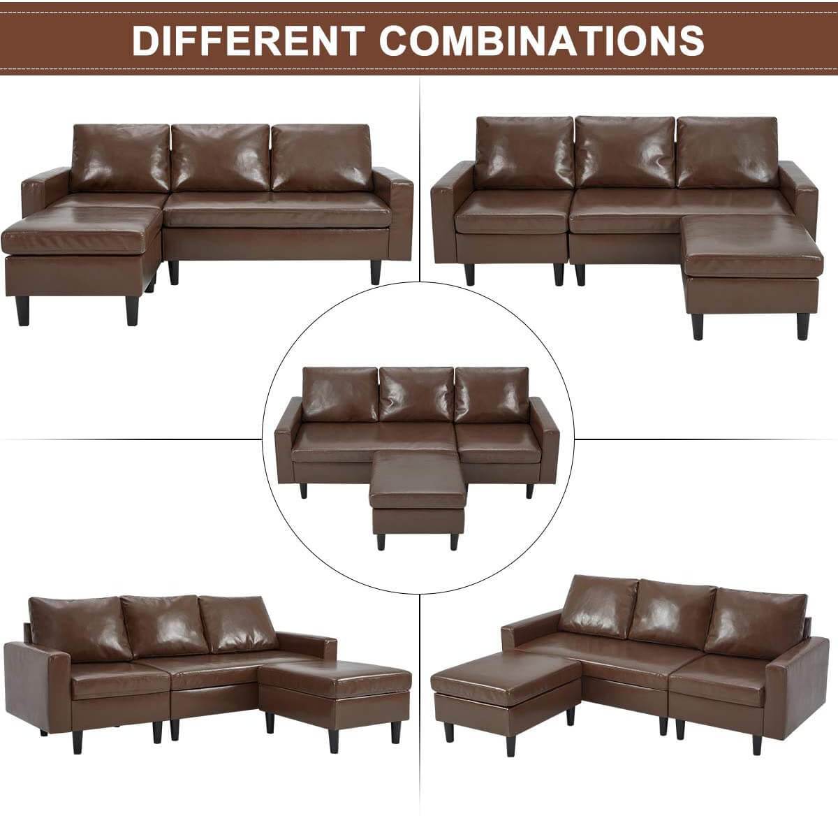 Homrest Enlarged Convertible Sectional Sofa Couch, 3-seat Sofa Couch with Ottoman, L-Shaped Sofa with Modern PU Leather Fabric for Living Room or Apartment, Brown