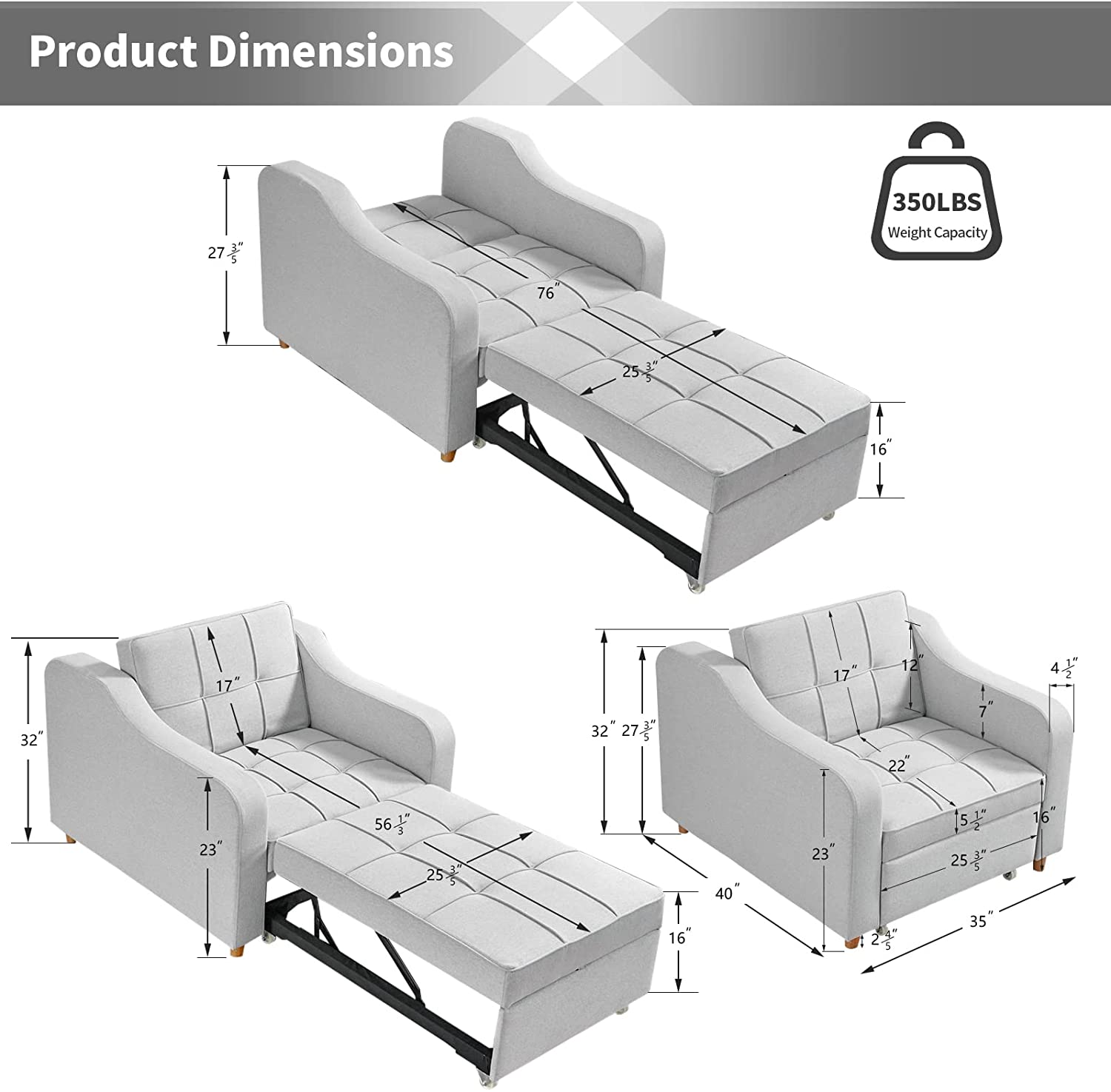  Product Dimensions of Homrest Sofa Bed