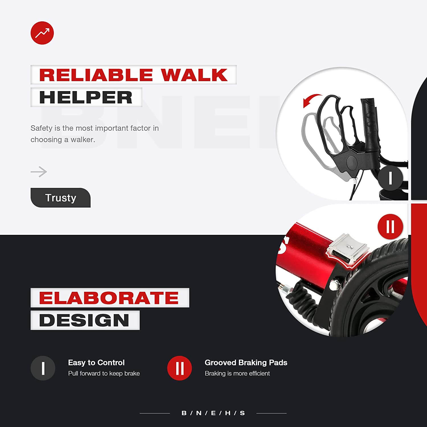 Rollator Walker with Seat Upright Walkers for Seniors w/ Grooved Brake Pads, Mobility Walking Aid, Red Frame | Homrest furniture