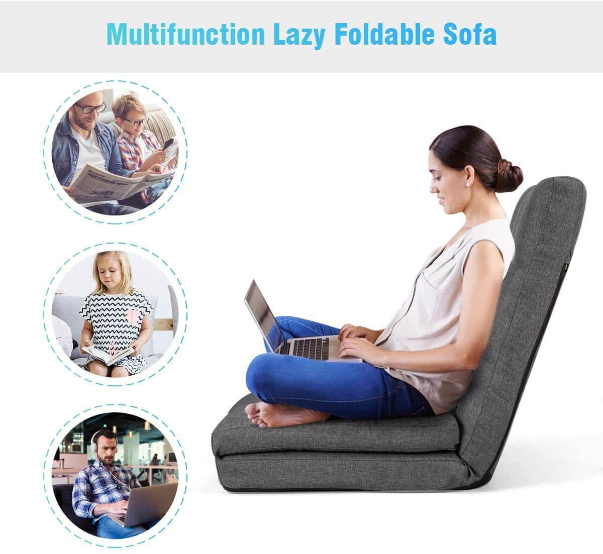 14-Position Floor Chair, Folding Gaming Sofa, Floor Lounger Folding Adjustable Sleeper Bed Couch Recliner, Gray