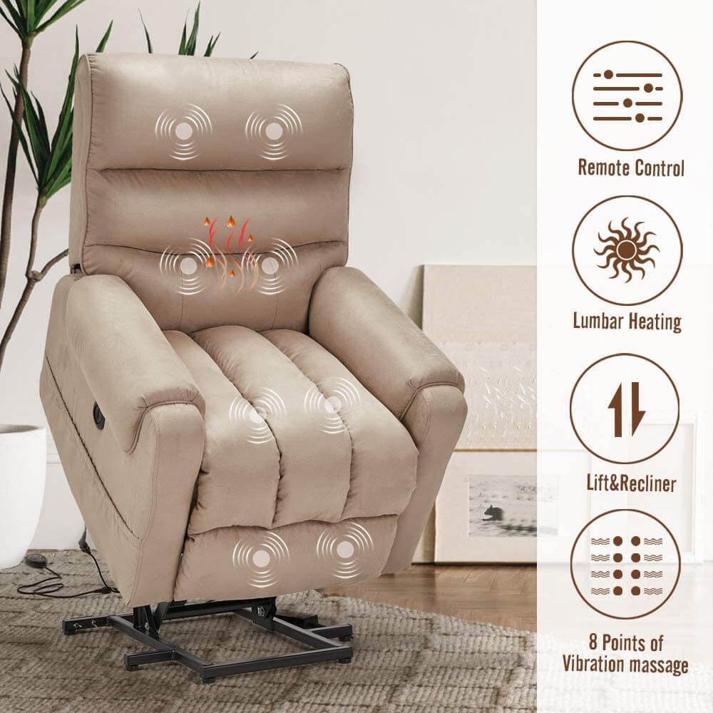 Homrest Electric Power Lift Recliner Chair Recliner Sofa for Elderly, Microfiber Recliner Chair with Heated Vibration Massage, 2 Side Pockets and USB Ports, Beige