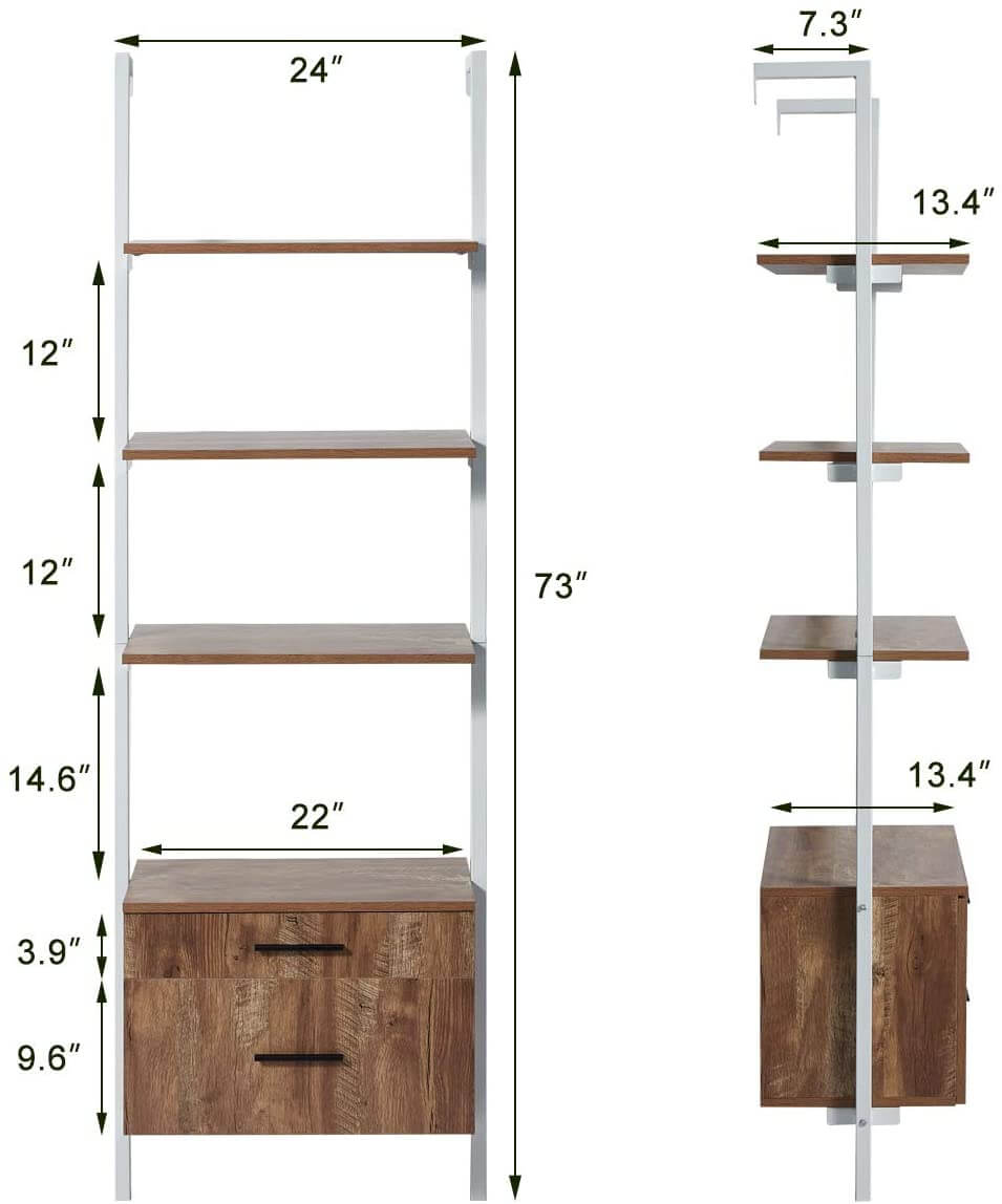 Homrest Wall Mounted Industrial 3-Tier Bookshelf with 2 Wood Drawers & Matte Steel Frame Ladder Shelf Bookcase, White