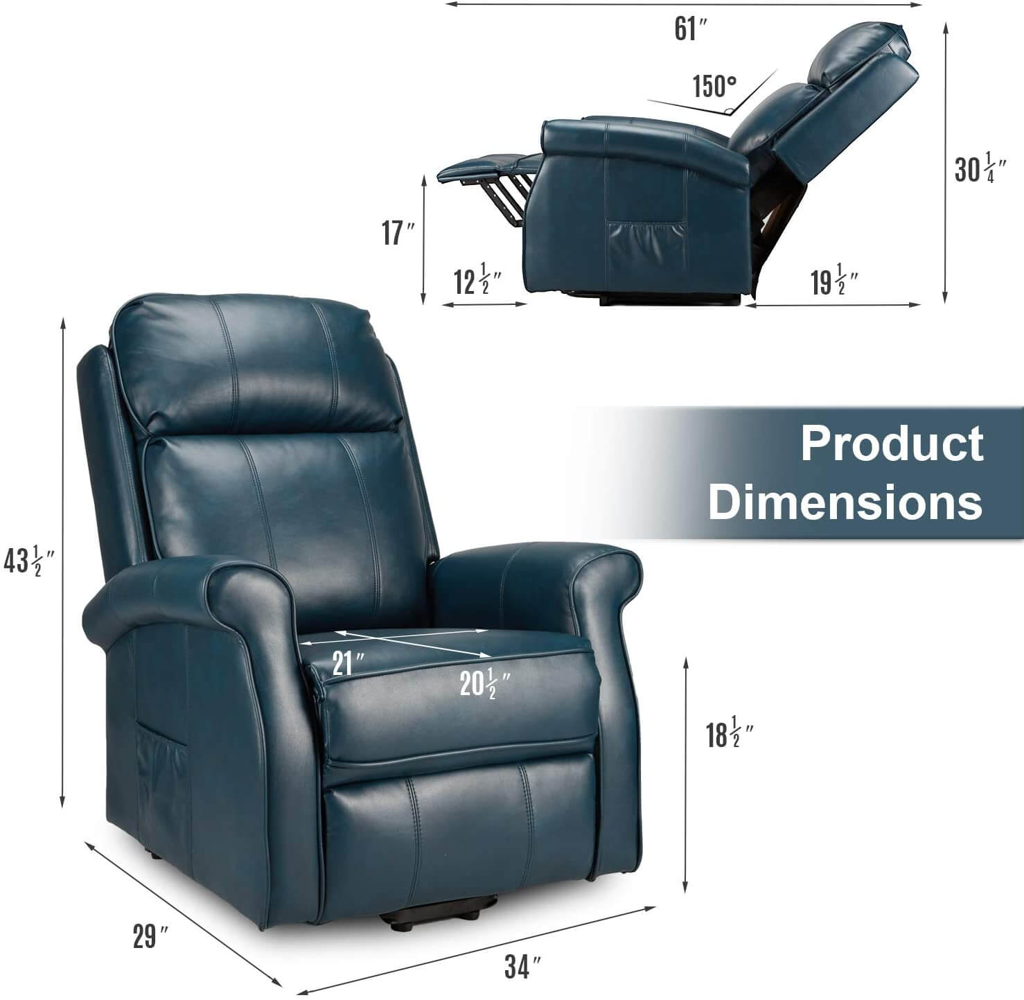 Homrest Electric Power Lift Recliner Chair, Faux Leather Electric Recliner for Elderly with Heated Vibration Massage, Side Pocket & Remote Control, Blue