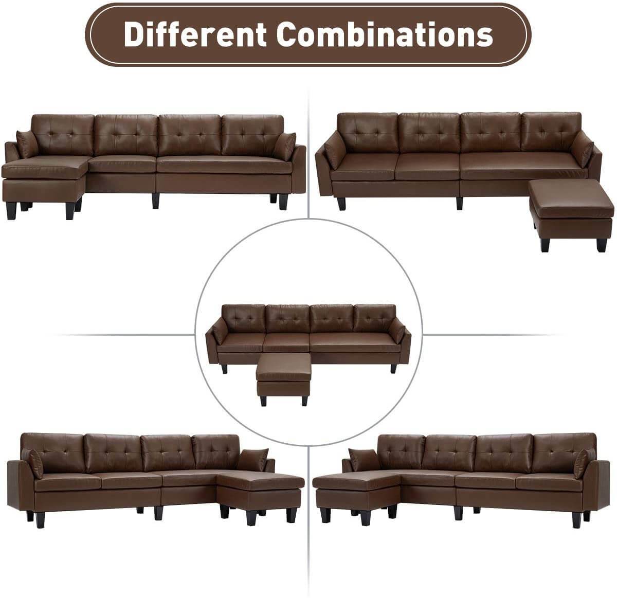 Homrest 4-Seat Sectional Sofa Convertible Couch Brown Faux Leather Reversible L-Shape Couch for Living Room, Living Room Furniture Sets with Chaise Lounge for Apartment