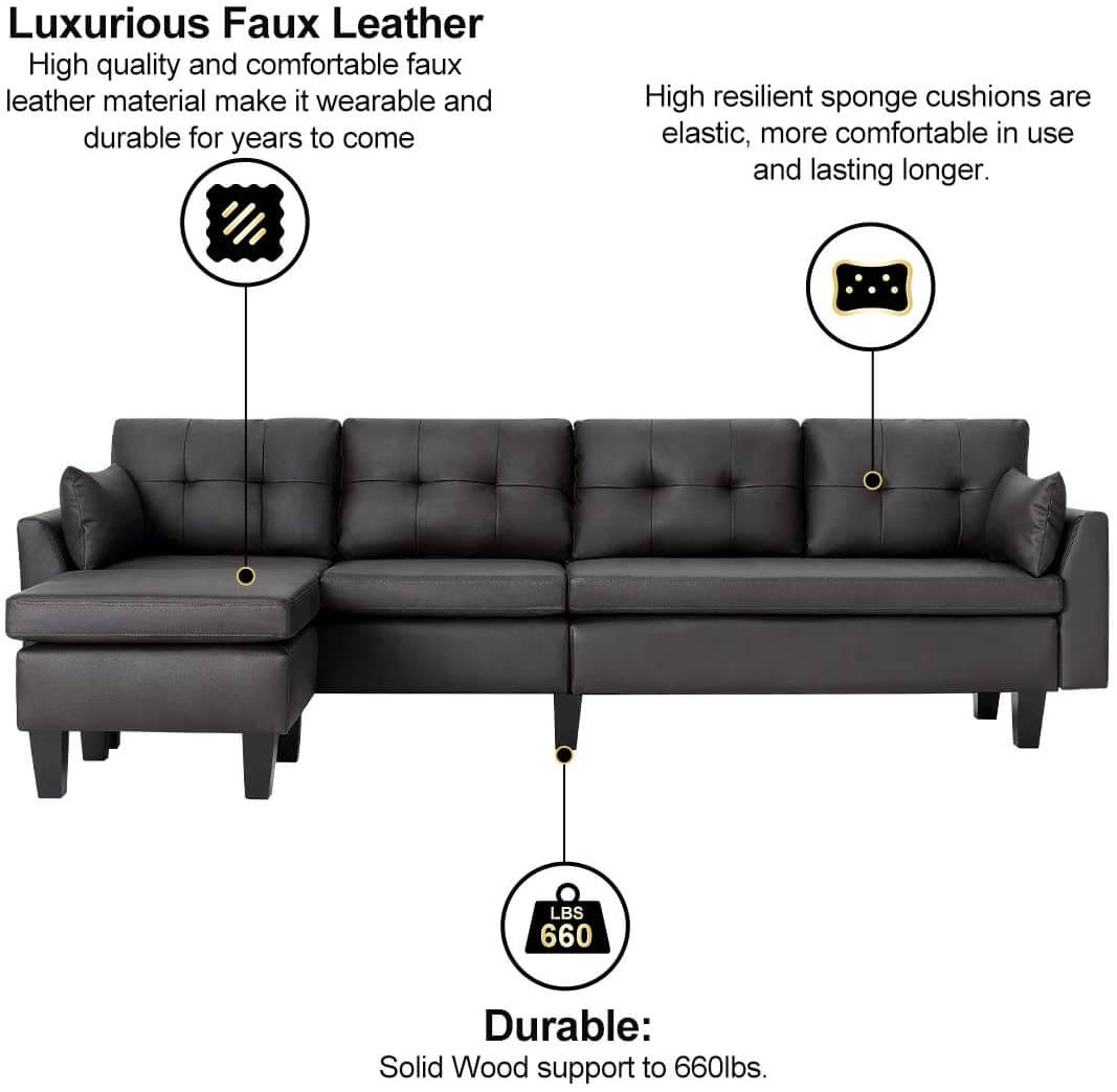 Homrest 4-Seat Sectional Sofa Convertible Couch Black Reversible L-Shape Couch for Living Room, Living Room Furniture Sets with Chaise Lounge for (Black Coffee)