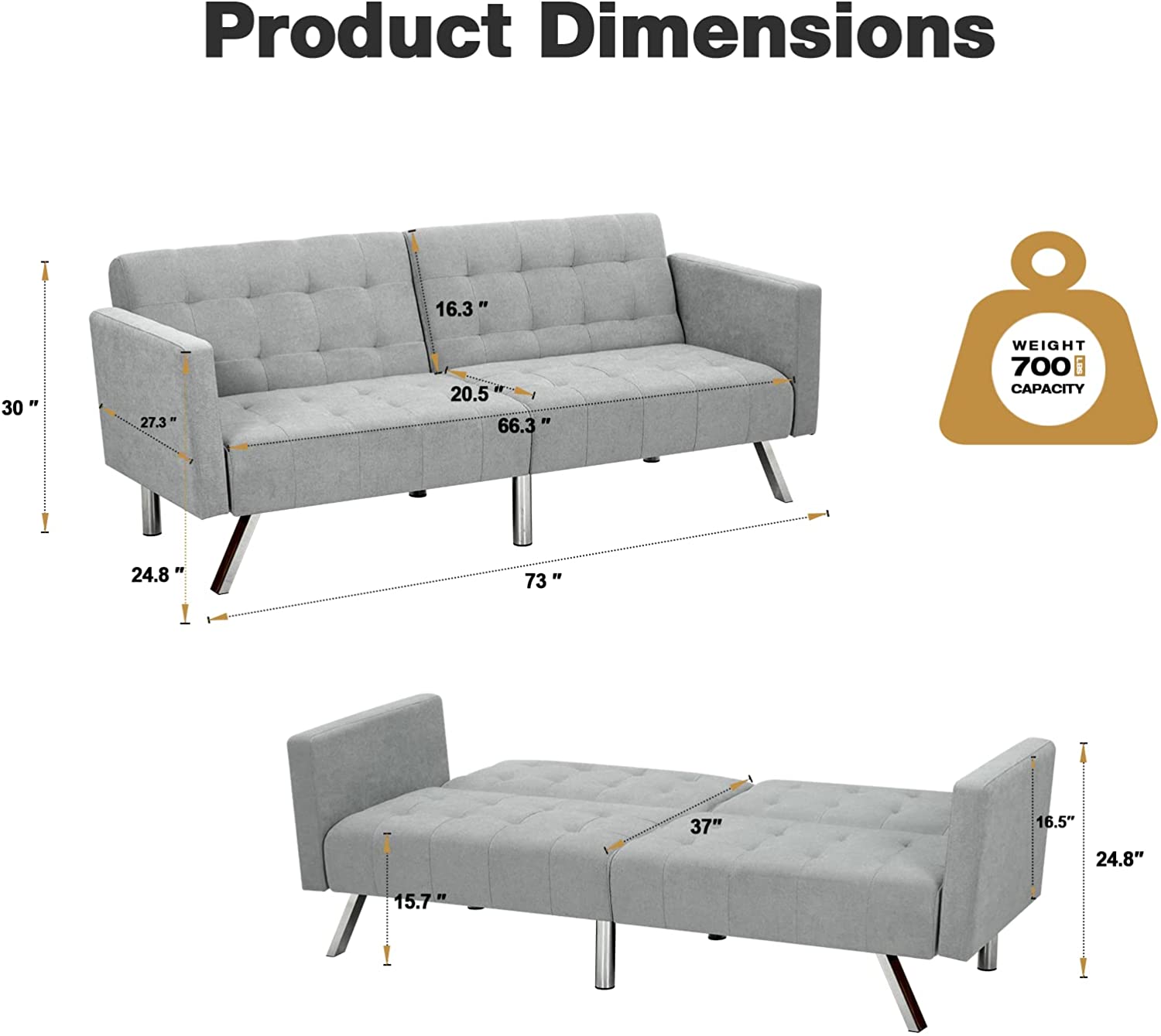 Homrest Convertible Futon Sofa Bed w/ Adjustable Backrest Fabric Sleeper Sofa Couch Loveseat, Light Grey