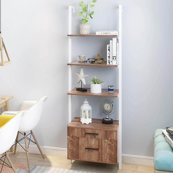 Homrest Wall Mounted Industrial 3-Tier Bookshelf with 2 Wood Drawers & Matte Steel Frame Ladder Shelf Bookcase, White