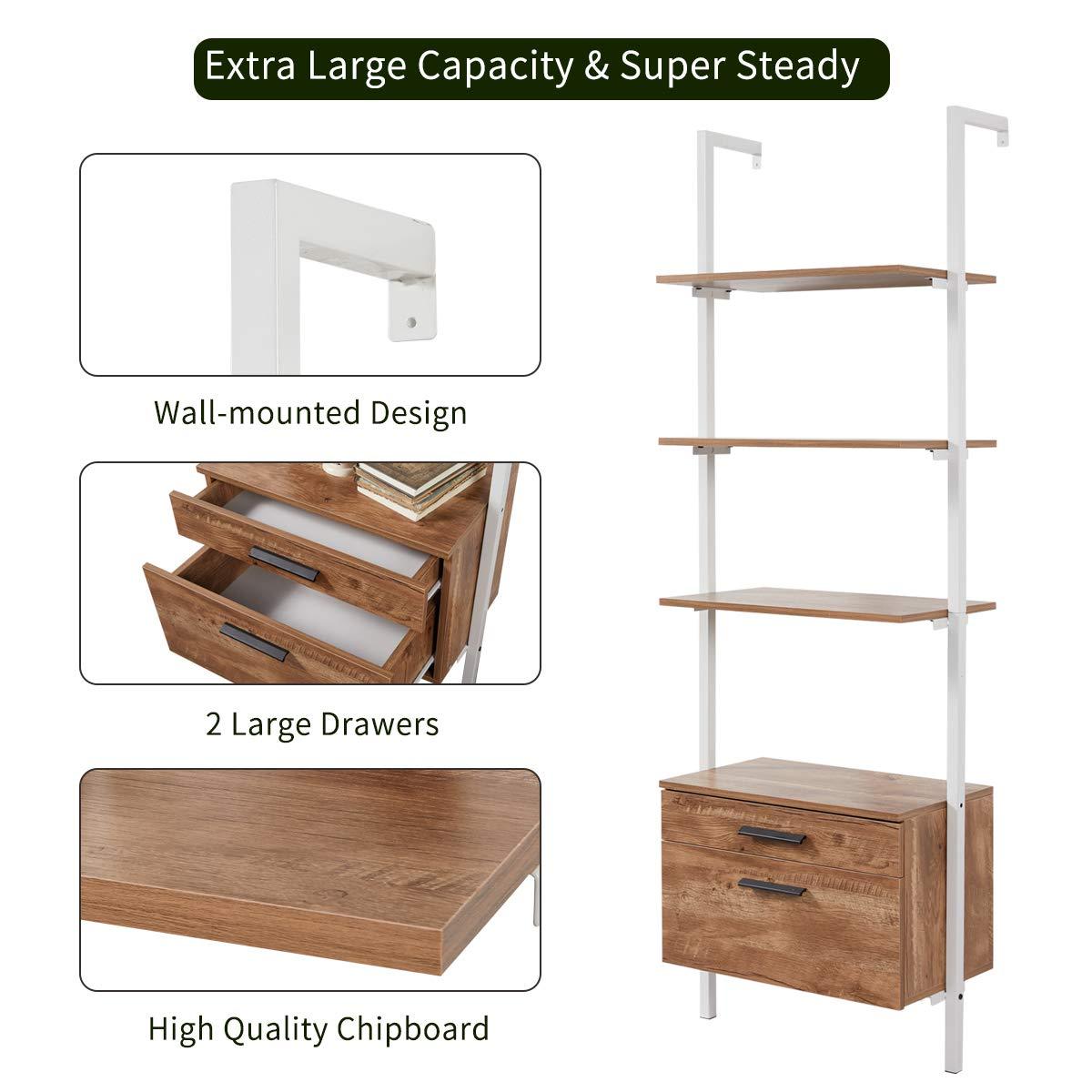 Homrest Wall Mouted Industrial 3-Tier Bookshelf with 2 Wood Drawers, White