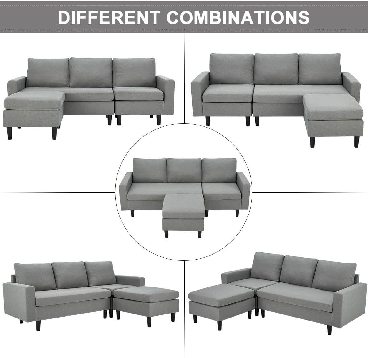 Homrest Enlarged Convertible Sectional Sofa Couch, 3-seat Sofa Couch with Ottoman, L-Shaped Sofa in Modern Linen Fabric, Gray