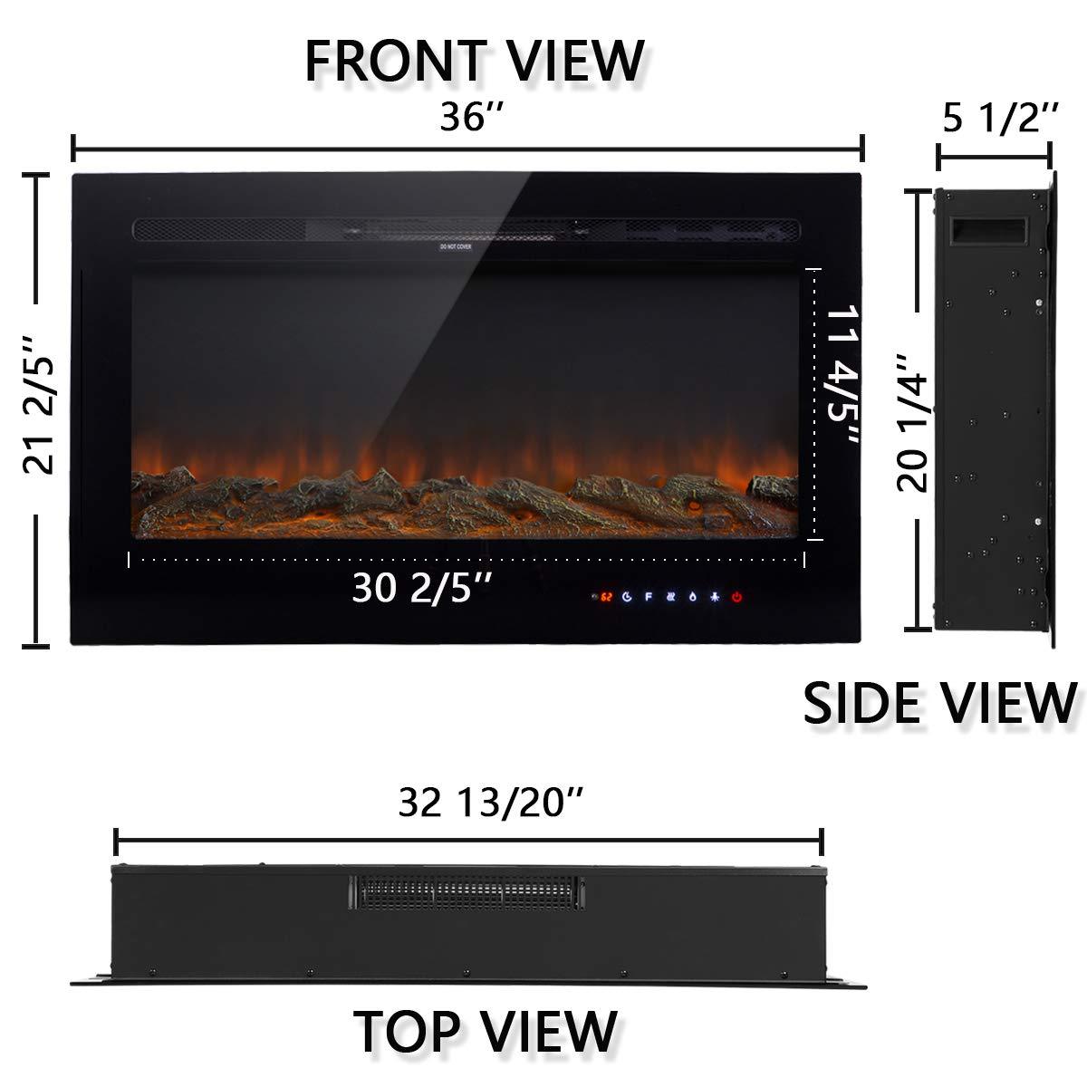 Homrest 36" Recessed Mounted Electric Fireplace Insert with Touch Screen Control Panel, Remote Control, 750/1500W, Black