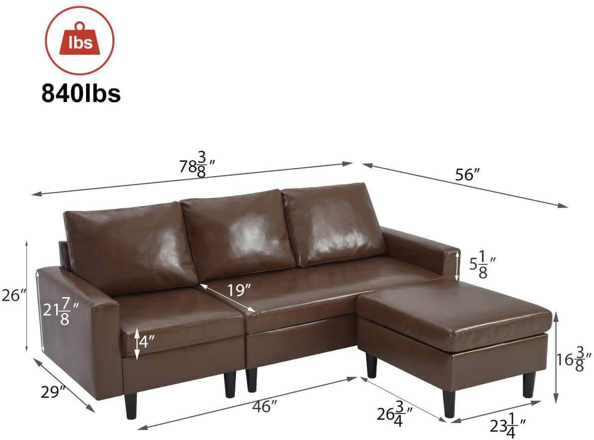 Homrest Enlarged Convertible Sectional Sofa Couch, 3-seat Sofa Couch with Ottoman, L-Shaped Sofa with Modern PU Leather Fabric for Living Room or Apartment, Brown