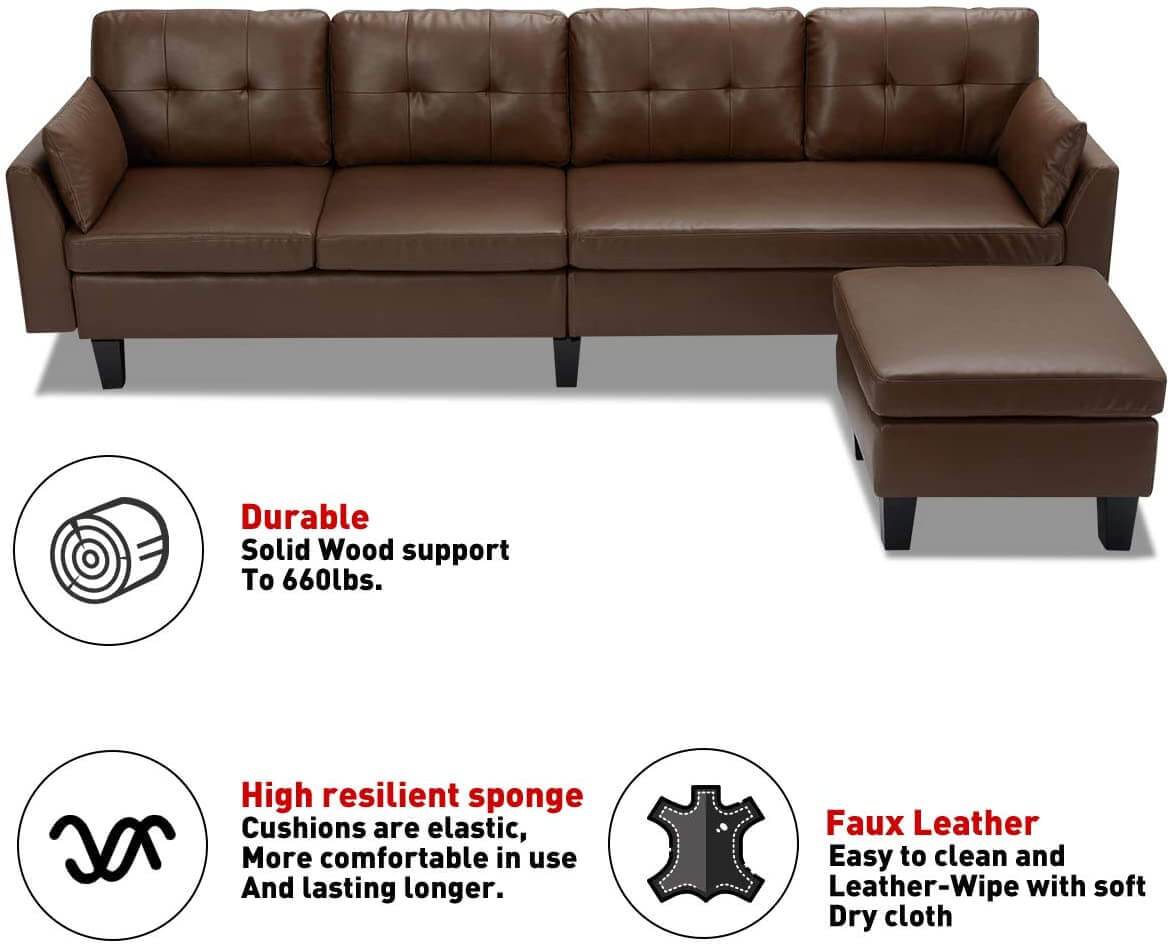 Homrest 4-Seat Sectional Sofa Convertible Couch Brown Faux Leather Reversible L-Shape Couch for Living Room, Living Room Furniture Sets with Chaise Lounge for Apartment