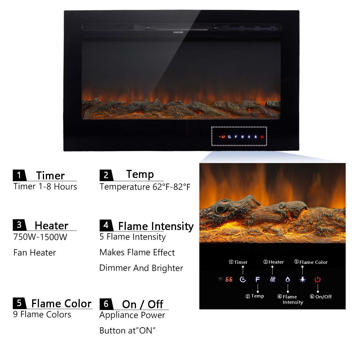 Homrest 36" Recessed Mounted Electric Fireplace Insert with Touch Screen Control Panel, Remote Control, 750/1500W, Black