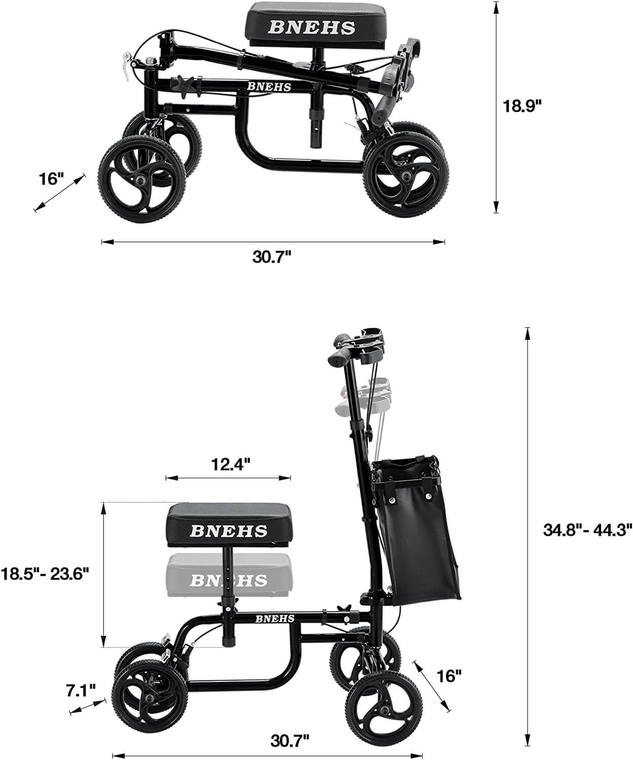 Homrest knee scooter with grooved brake pads folding knee walker for foot injured adults, black
