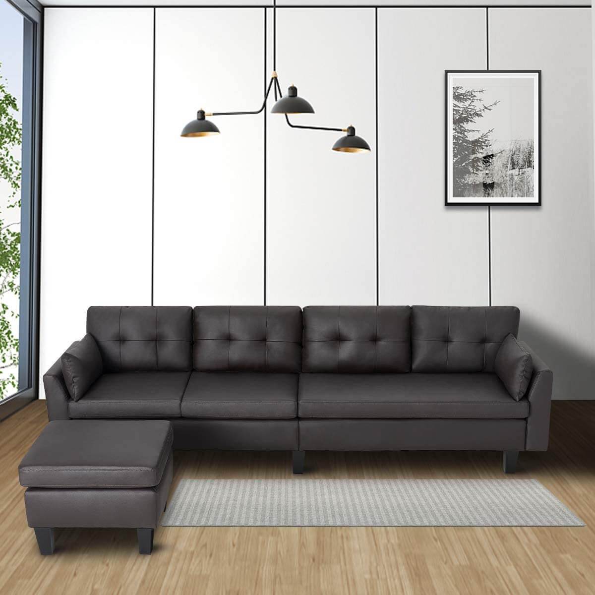 Homrest 4-Seat Sectional Sofa Convertible Couch Black Reversible L-Shape Couch for Living Room, Living Room Furniture Sets with Chaise Lounge for (Black Coffee)