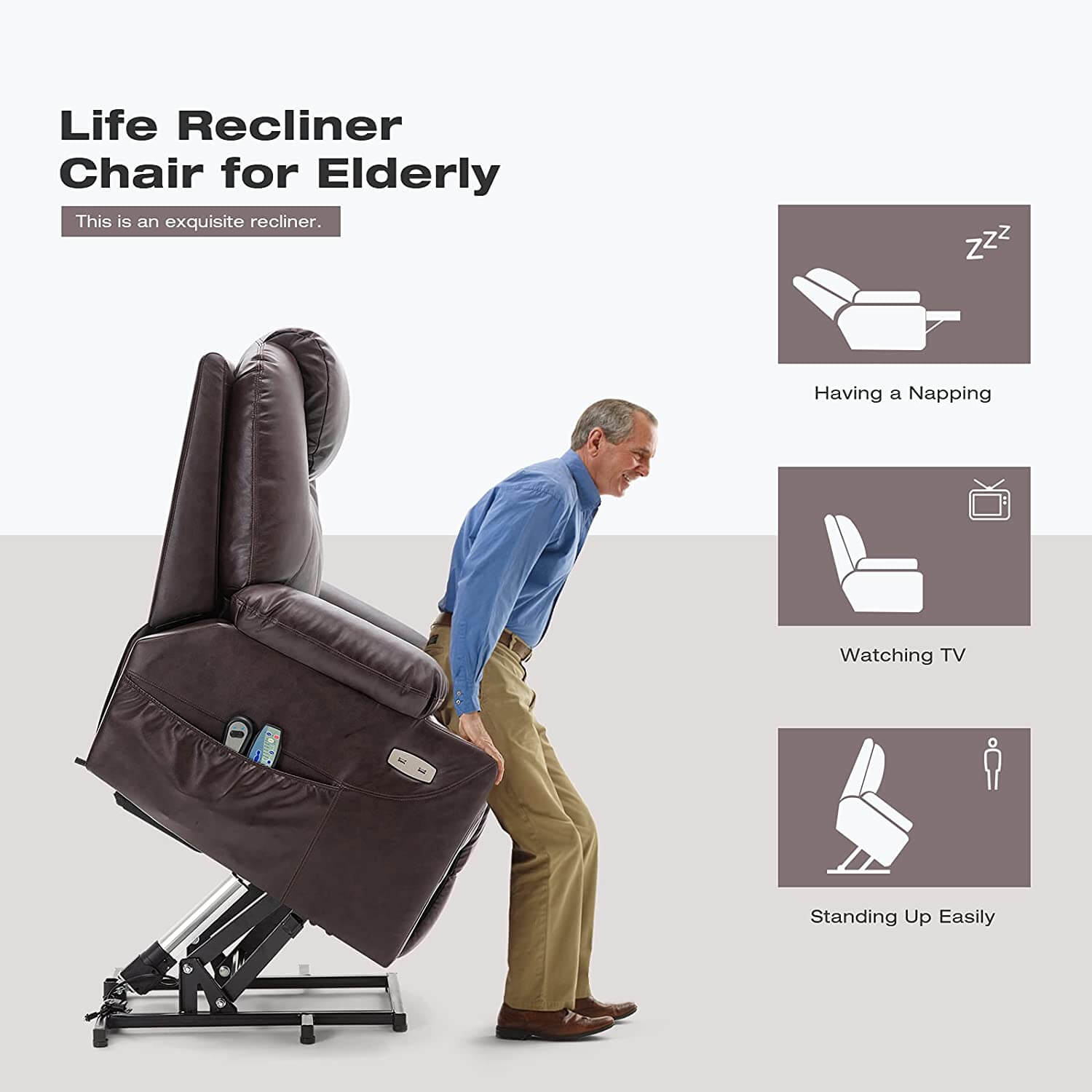 Homrest Electric Power Recliner Lift Chair Faux Leather Electric Recliner for Elderly, Heated Vibration Massage Sofa with Side Pockets, USB Charge Port & Remote Control(Brown)