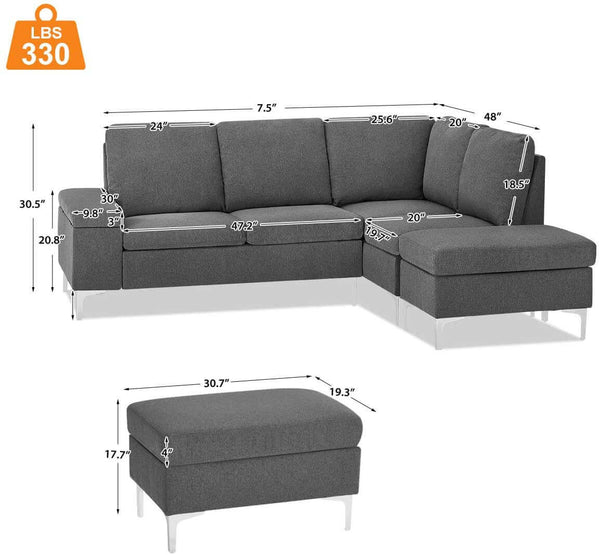  Homrest Convertible Sectional Sofa Couch with Ottoman, Sofa Armrest with Storage Function, L-Shaped Sofa with Gray Linen Fabric, for Living Room or Apartment (Right)