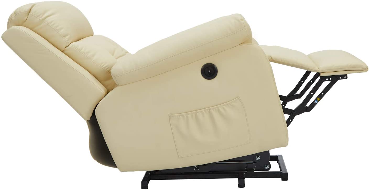 Homrest Electric Power Lift Recliner Chair Sofa for Elderly, Faux Leather Recliner Chair with Heated Vibration Massage with Side Pocket&USB Port, Cream