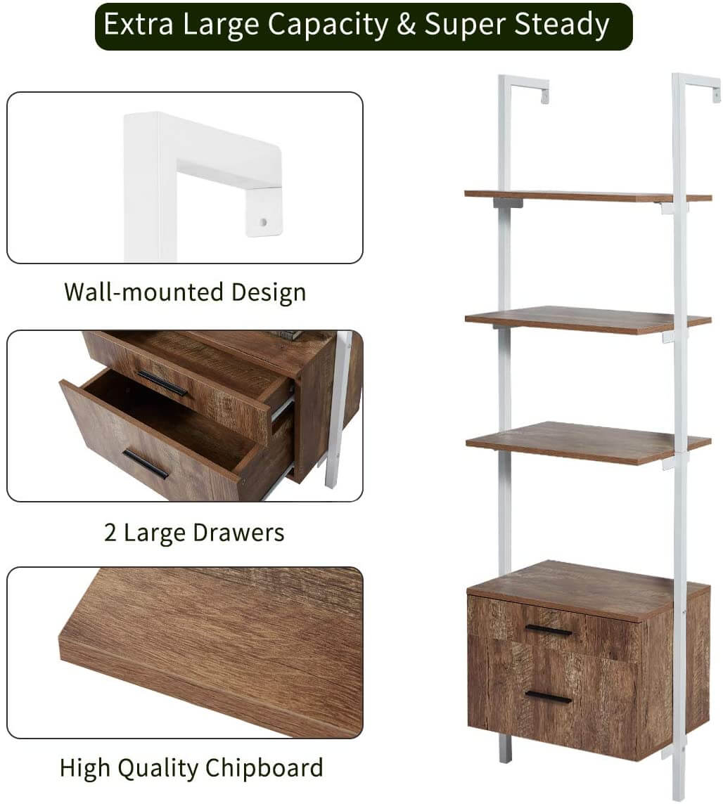 Homrest Wall Mounted Industrial 3-Tier Bookshelf with 2 Wood Drawers & Matte Steel Frame Ladder Shelf Bookcase, White