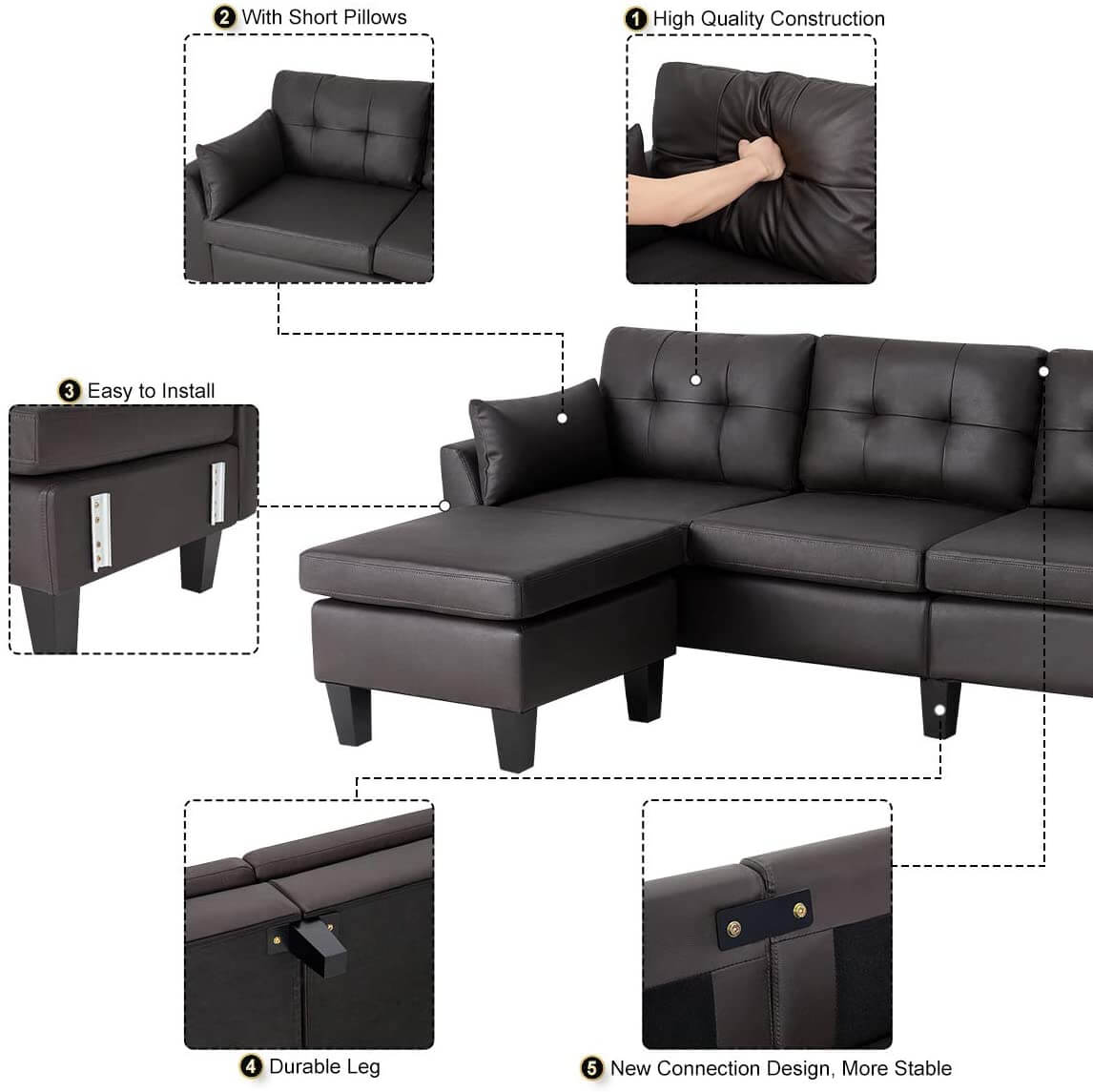 Homrest 4-Seat Sectional Sofa Convertible Couch Black Reversible L-Shape Couch for Living Room, Living Room Furniture Sets with Chaise Lounge for (Black Coffee)