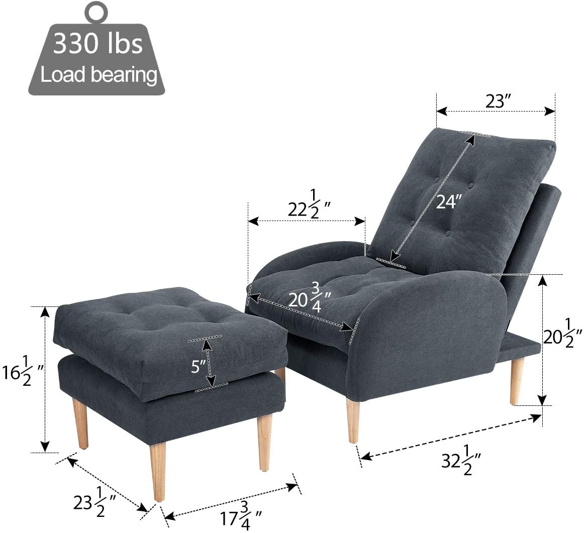 Sofa Chair with Ottoman Fabric Lounge Recliner Adjustable Backrest Grey Blue