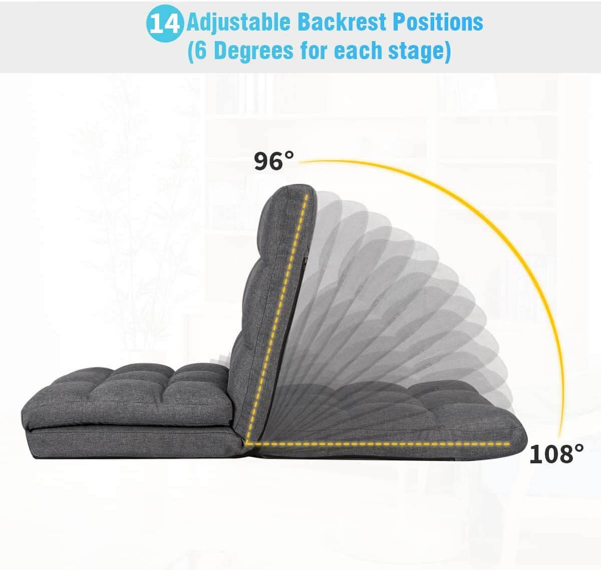 14-Position Floor Chair, Folding Gaming Sofa, Floor Lounger Folding Adjustable Sleeper Bed Couch Recliner, Gray