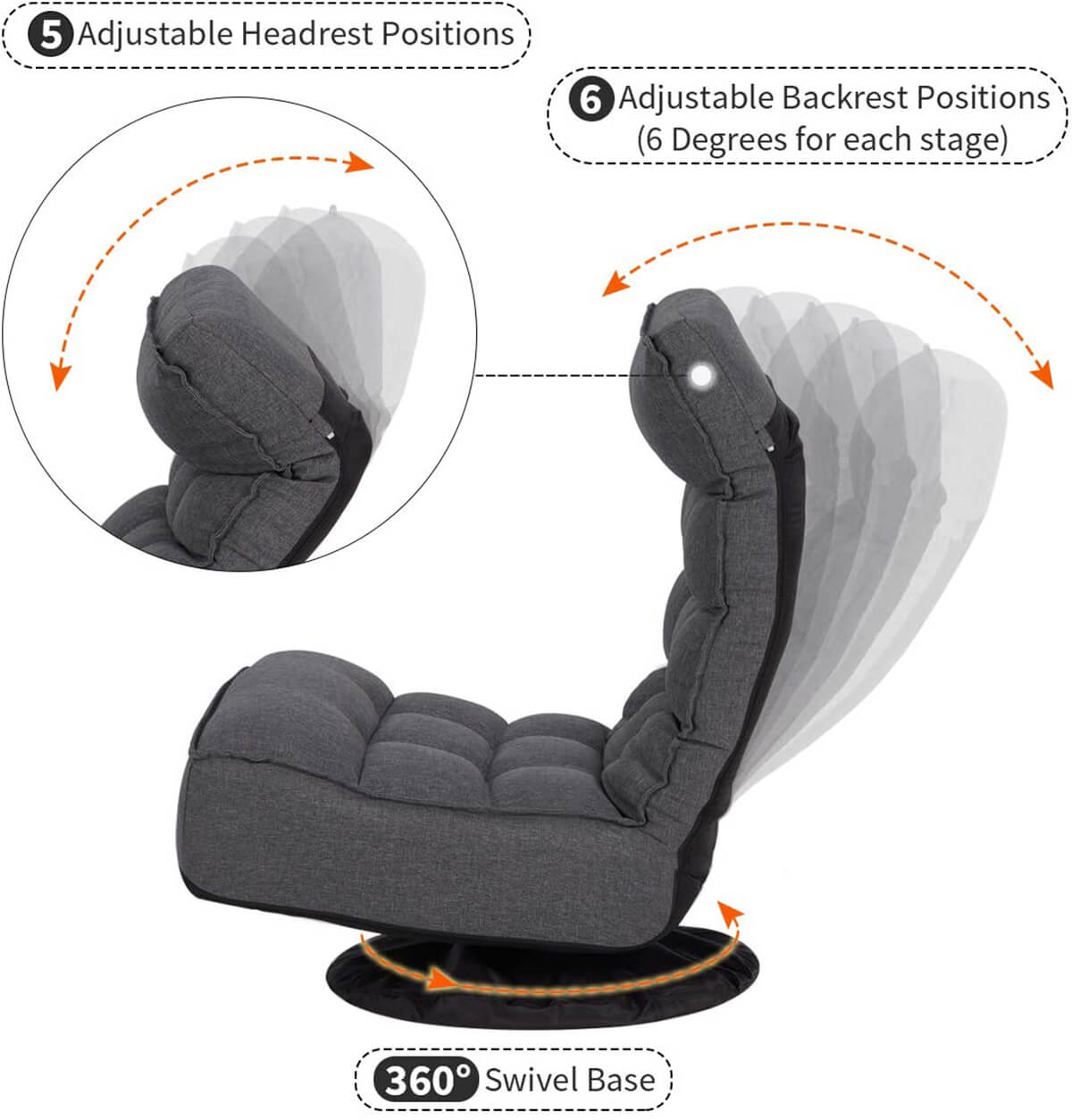 Homrest 360-Degree Swivel Floor Sofa, High Back Folding Floor Gaming Chair, Floor Lounger Adjustable Sleeper Recliner for Teens&Adults, Gray