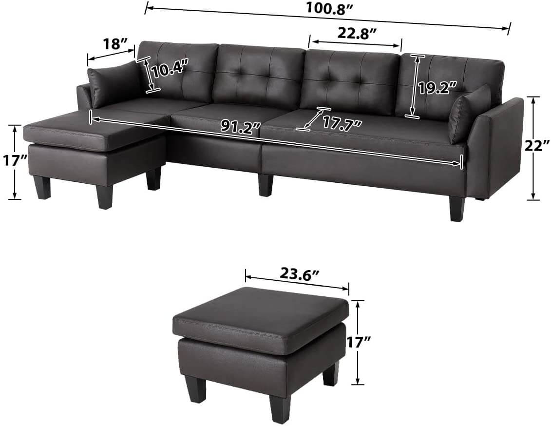 Homrest 4-Seat Sectional Sofa Convertible Couch Black Reversible L-Shape Couch for Living Room, Living Room Furniture Sets with Chaise Lounge for (Black Coffee)