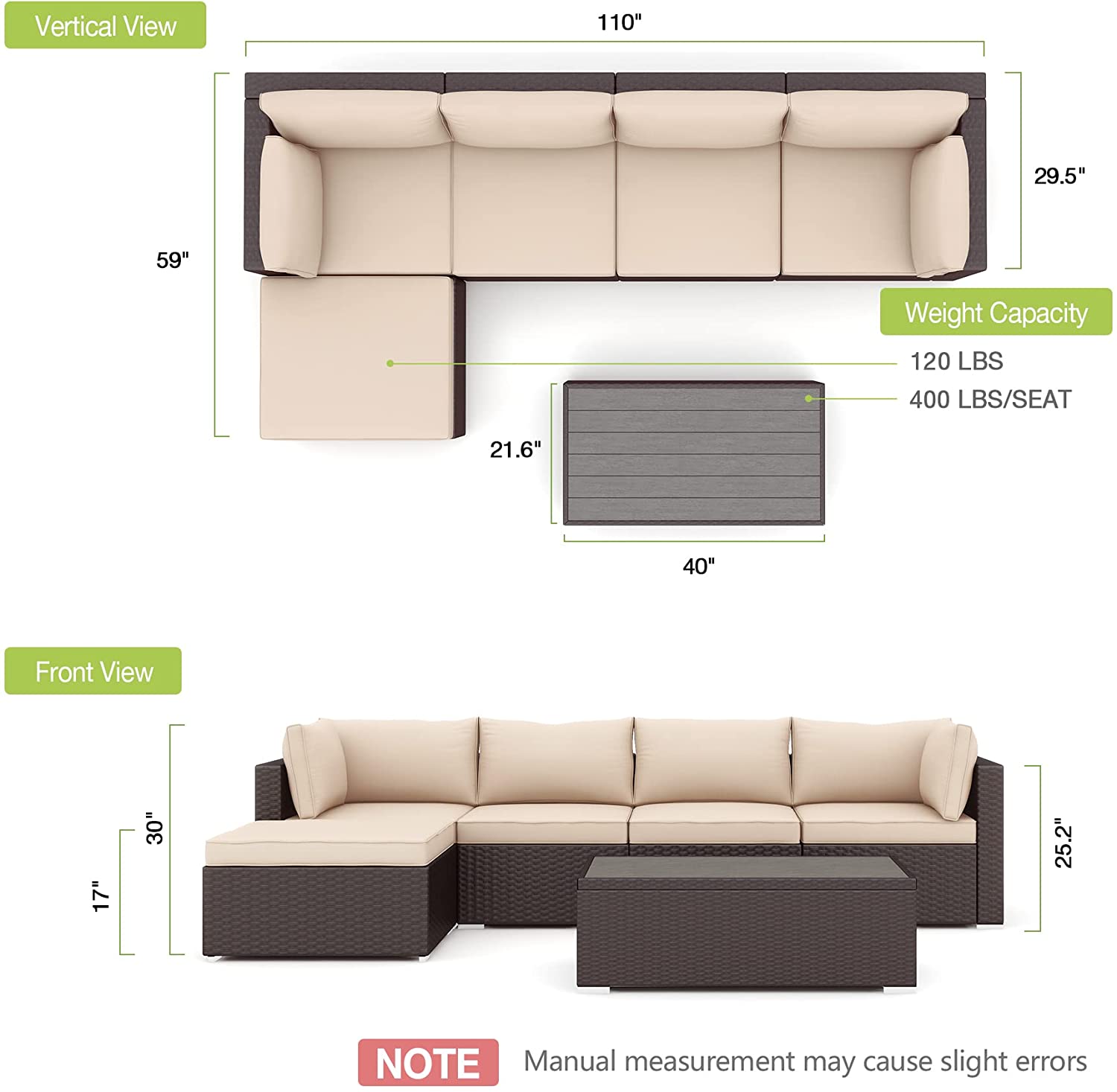 Product dimensions of Homrest patio furniture set