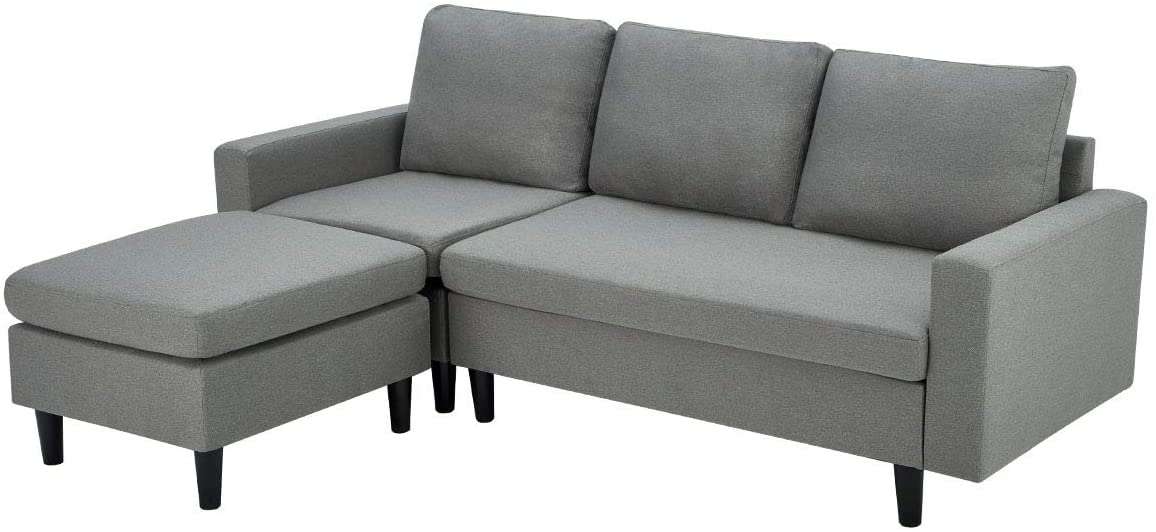 Homrest Enlarged Convertible Sectional Sofa Couch, 3-seat Sofa Couch with Ottoman, L-Shaped Sofa in Modern Linen Fabric, Gray