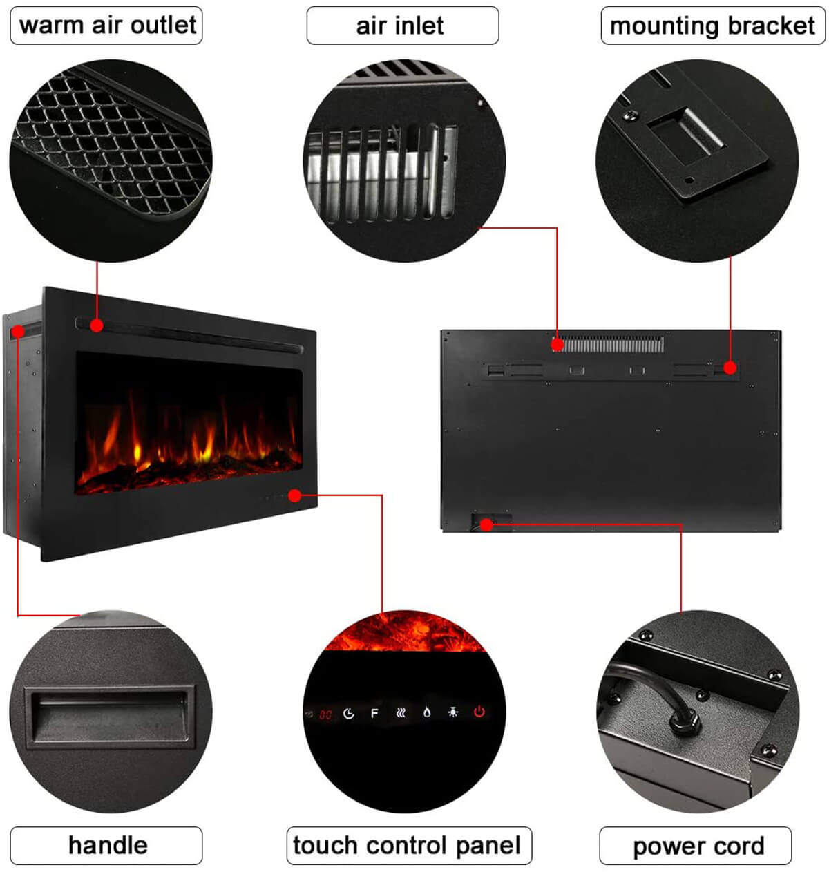 Homrest 36" Recessed Mounted Electric Fireplace Insert with Touch Screen Control Panel, Remote Control, 750/1500W, Black