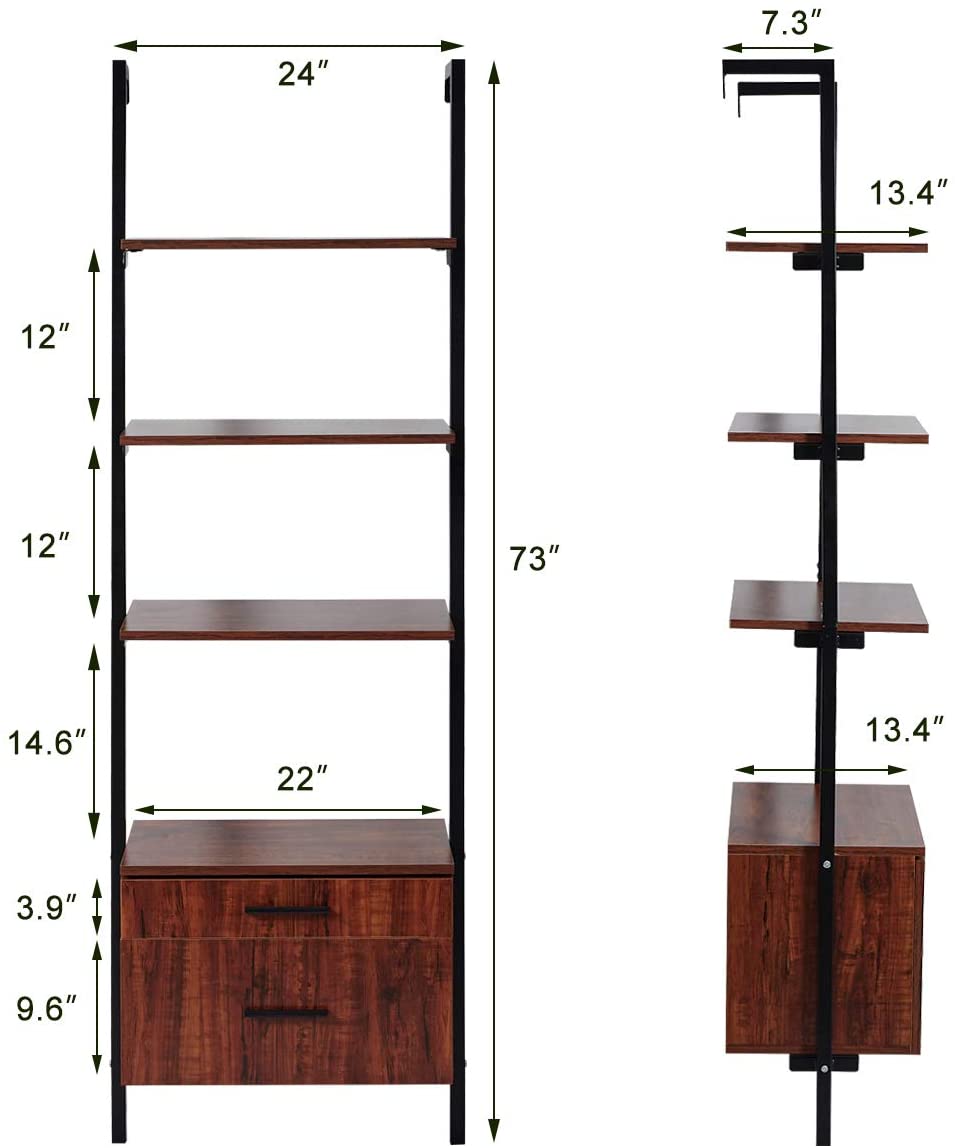 Homrest Wall Mounted Industrial 3-Tier Bookshelf with 2 Wood Drawers & Matte Steel Frame Ladder Shelf Bookcase, Black