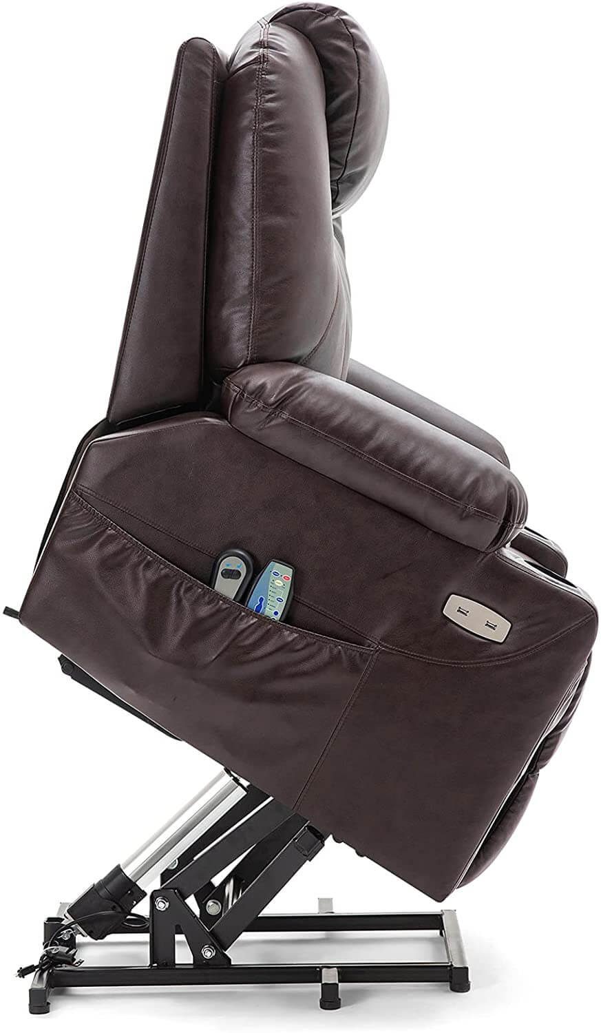 Homrest Electric Power Recliner Lift Chair Faux Leather Electric Recliner for Elderly, Heated Vibration Massage Sofa with Side Pockets, USB Charge Port & Remote Control(Brown)