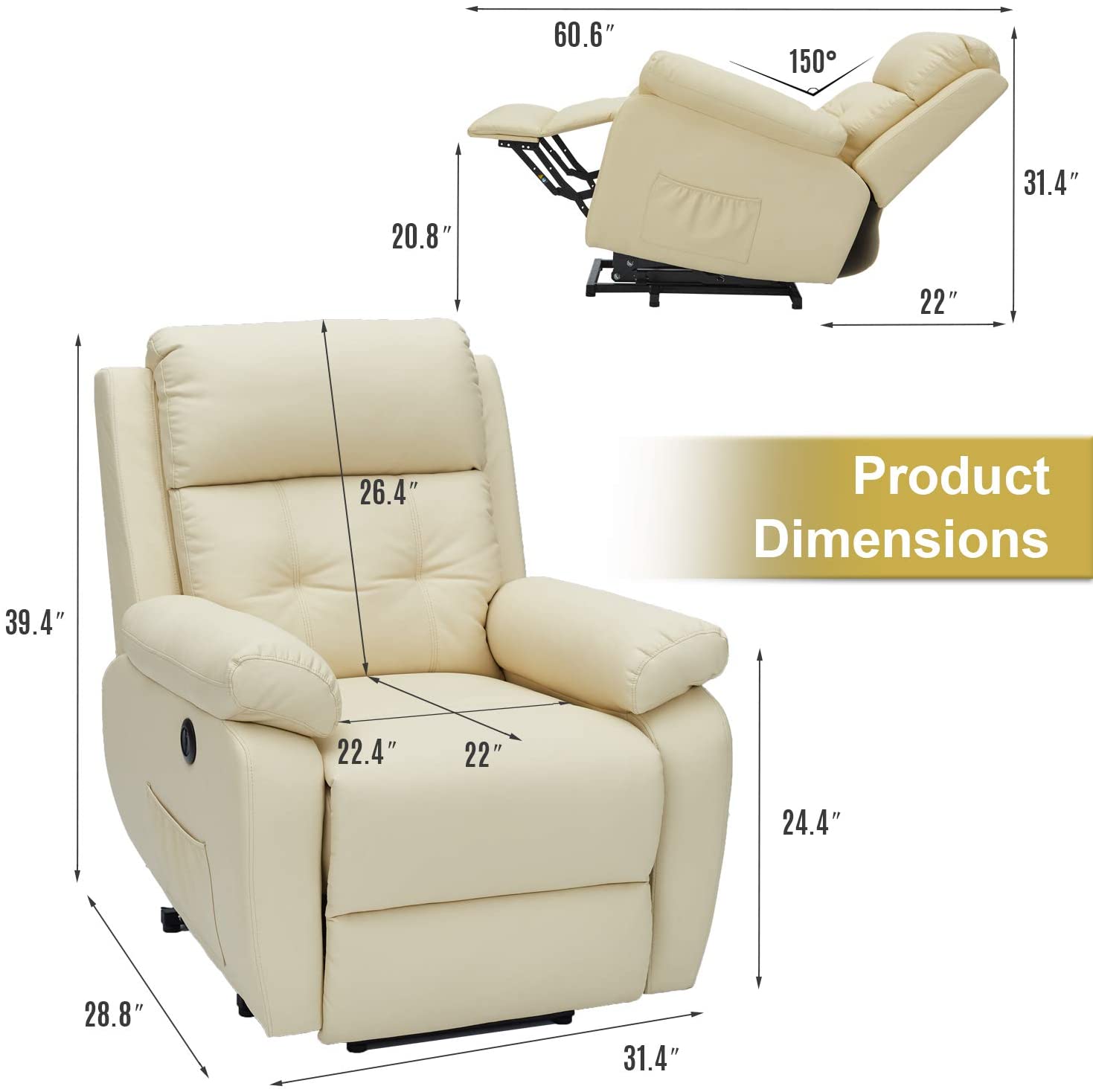 Homrest Electric Power Lift Recliner Chair Sofa for Elderly, Faux Leather Recliner Chair with Heated Vibration Massage with Side Pocket&USB Port, Cream