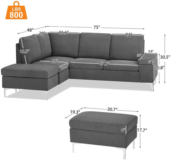 Homrest Convertible Sectional Sofa Couch with Ottoman, Sofa Armrest with Storage Function, L-Shaped Sofa with Gray Linen Fabric, for Living Room or Apartment (Left)
