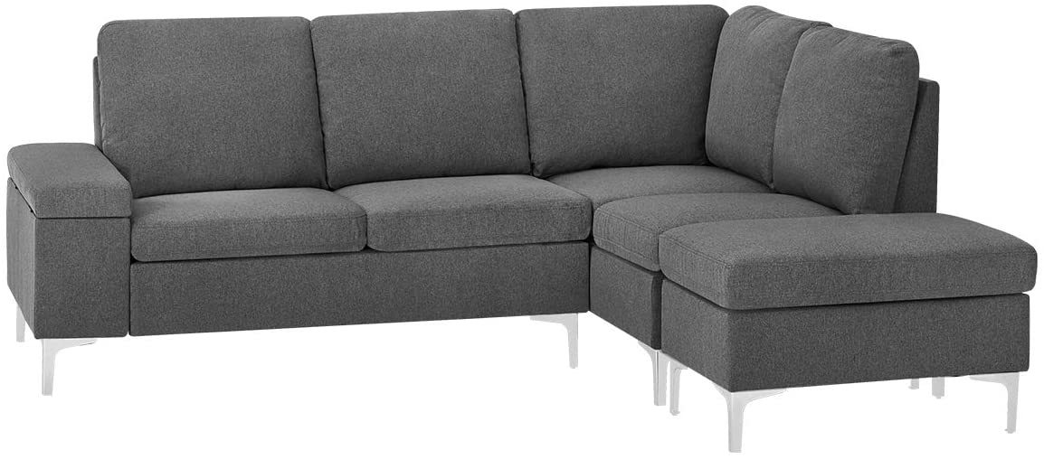  Homrest Convertible Sectional Sofa Couch with Ottoman, Sofa Armrest with Storage Function, L-Shaped Sofa with Gray Linen Fabric, for Living Room or Apartment (Right)