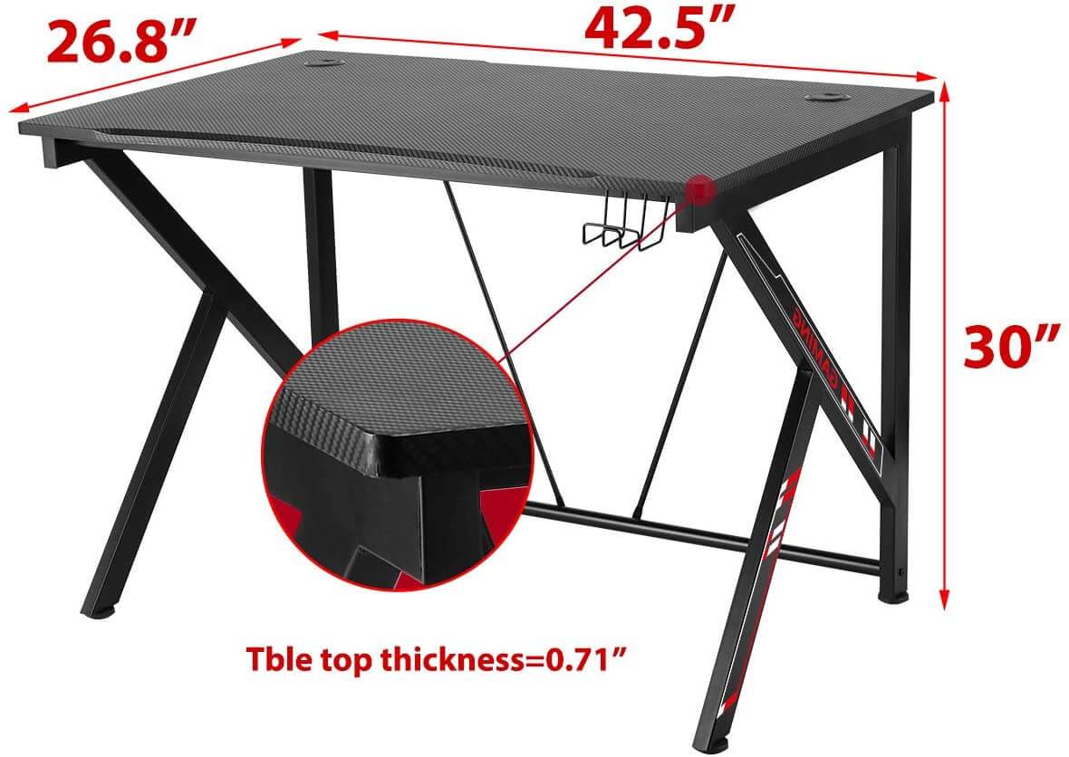 Homrest 42.5" Gaming Desk K-Shape Gaming Table Home Computer Desk with Cup Holder and Headphone Hook Gamer Workstation Game Table, Red
