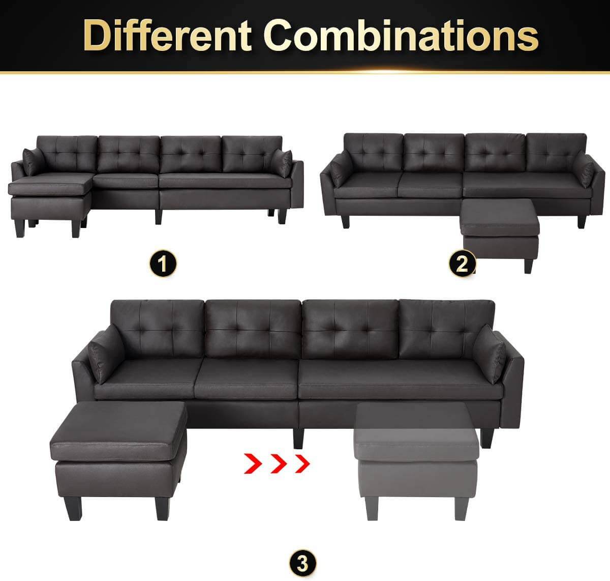 Homrest 4-Seat Sectional Sofa Convertible Couch Black Reversible L-Shape Couch for Living Room, Living Room Furniture Sets with Chaise Lounge for (Black Coffee)