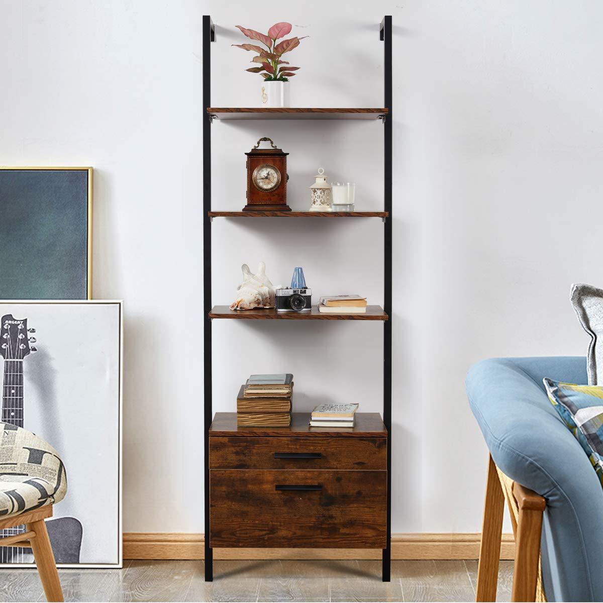 Homrest Wall Mouted Industrial 3-Tier Bookshelf with 2 Wood Drawers, Black